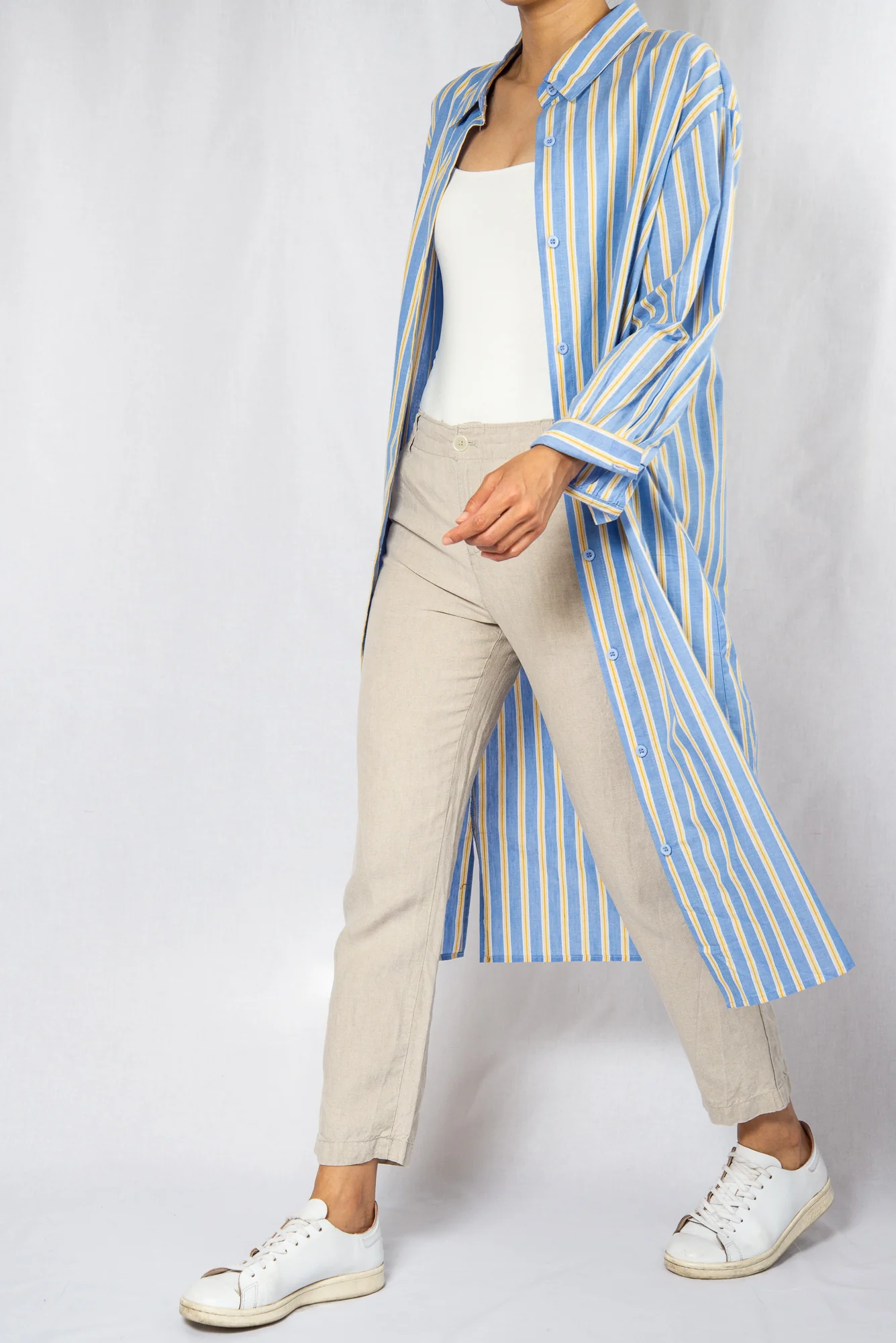Blue Stripe Midi Shirt Dress with Sash