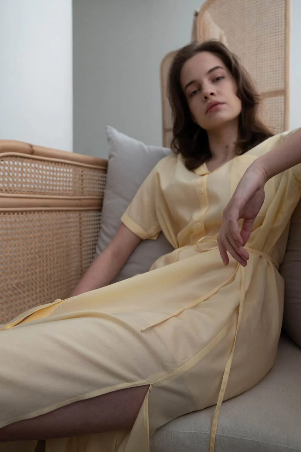 Sheer String Shirt Dress Yellow