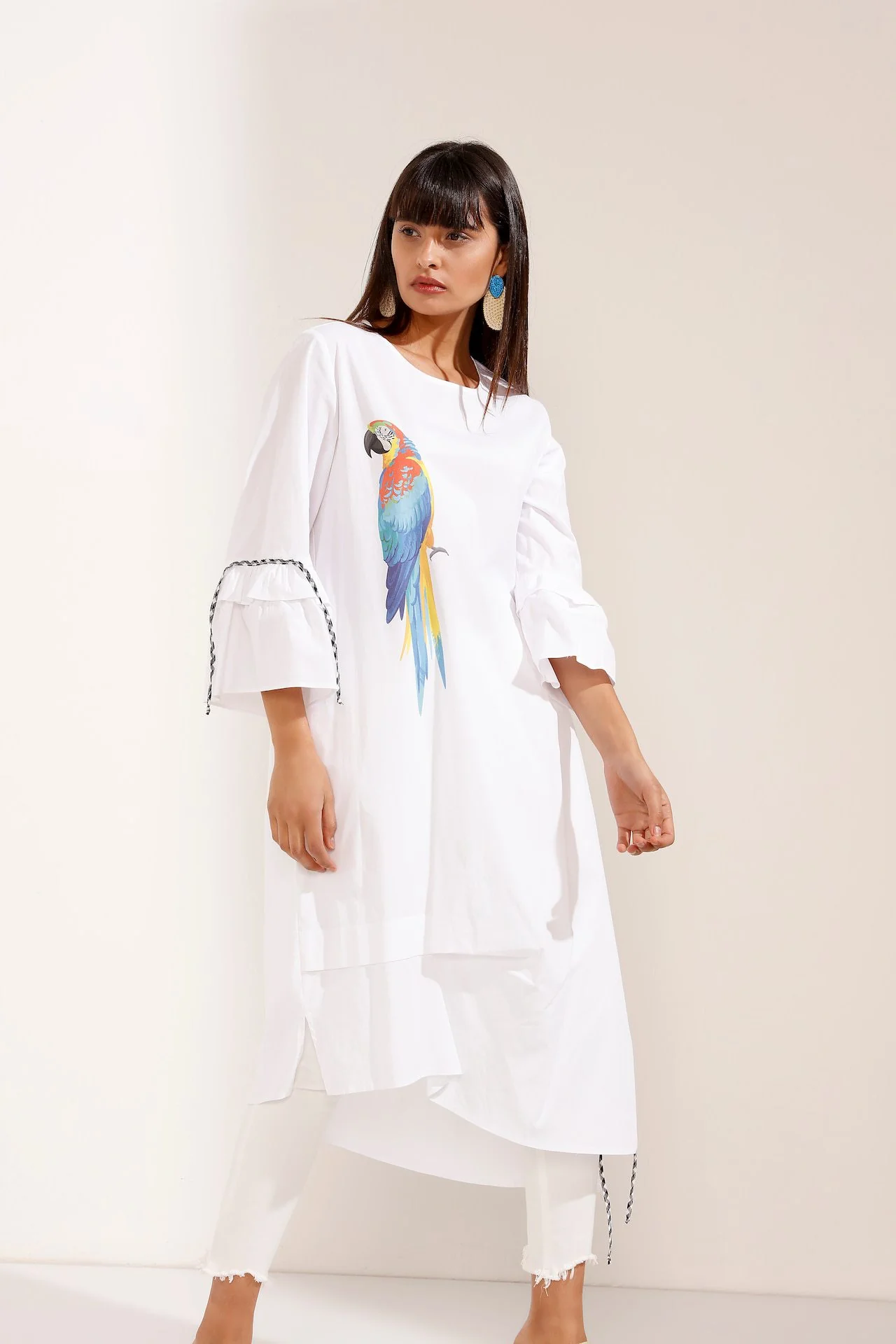 Long Sleeve White Dress with Parrot Design