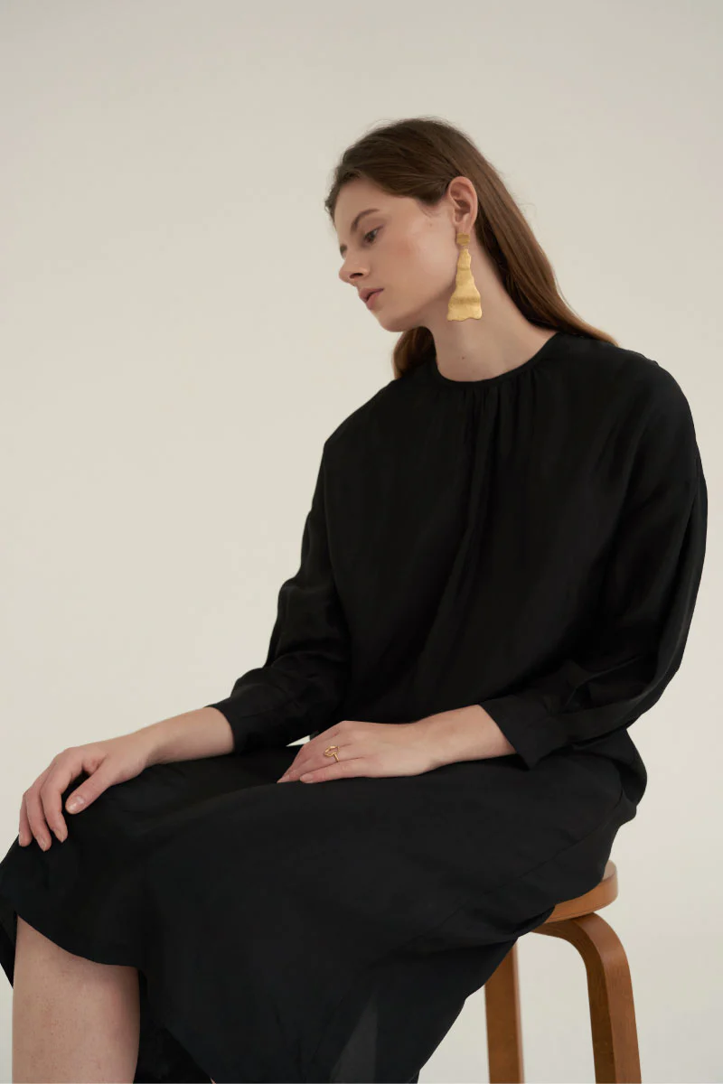 Shirring Neck Comfort Dress Black