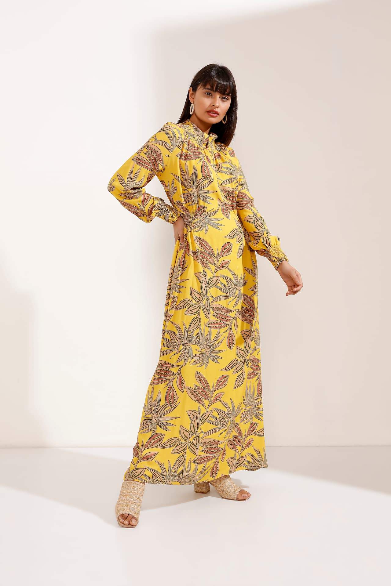 Leafy Print Maxi Dress with Elasticated Fitted Waist