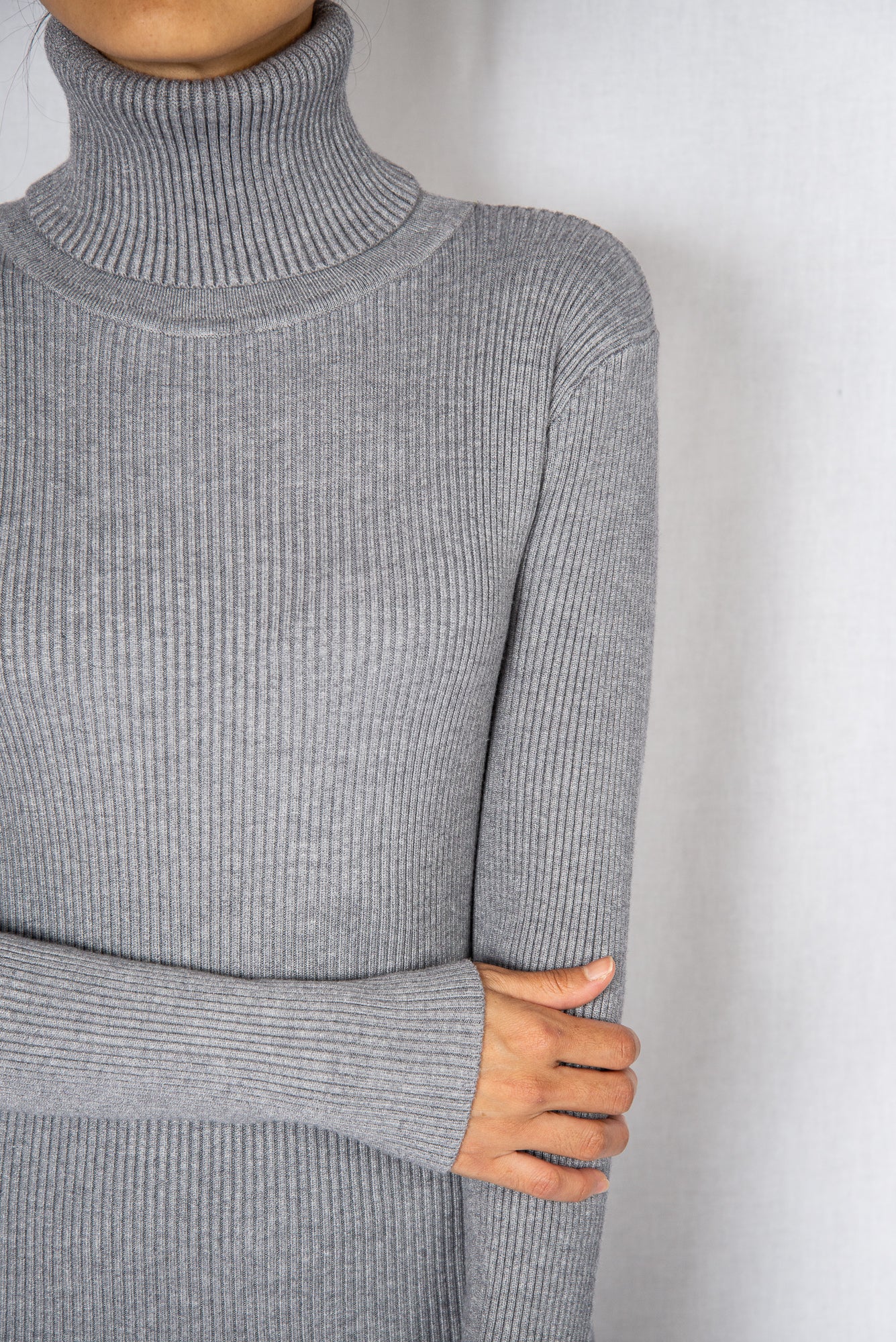 Grey Rib High Neck Long Sleeves Midi Dress