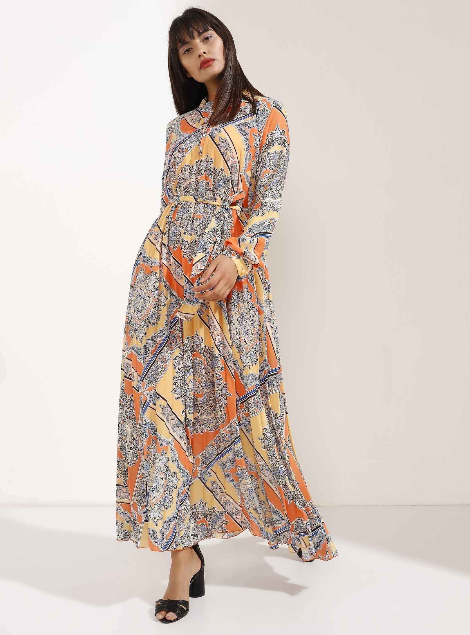 Orange and Yellow Pleated Elegant Patterned Maxi Dress