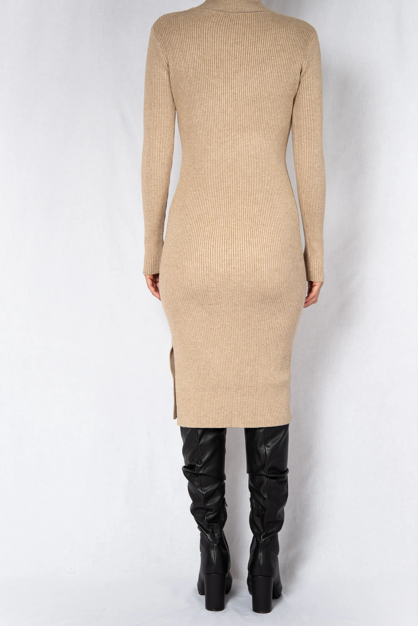 Beige Rib Long Sleeves Midi Dress