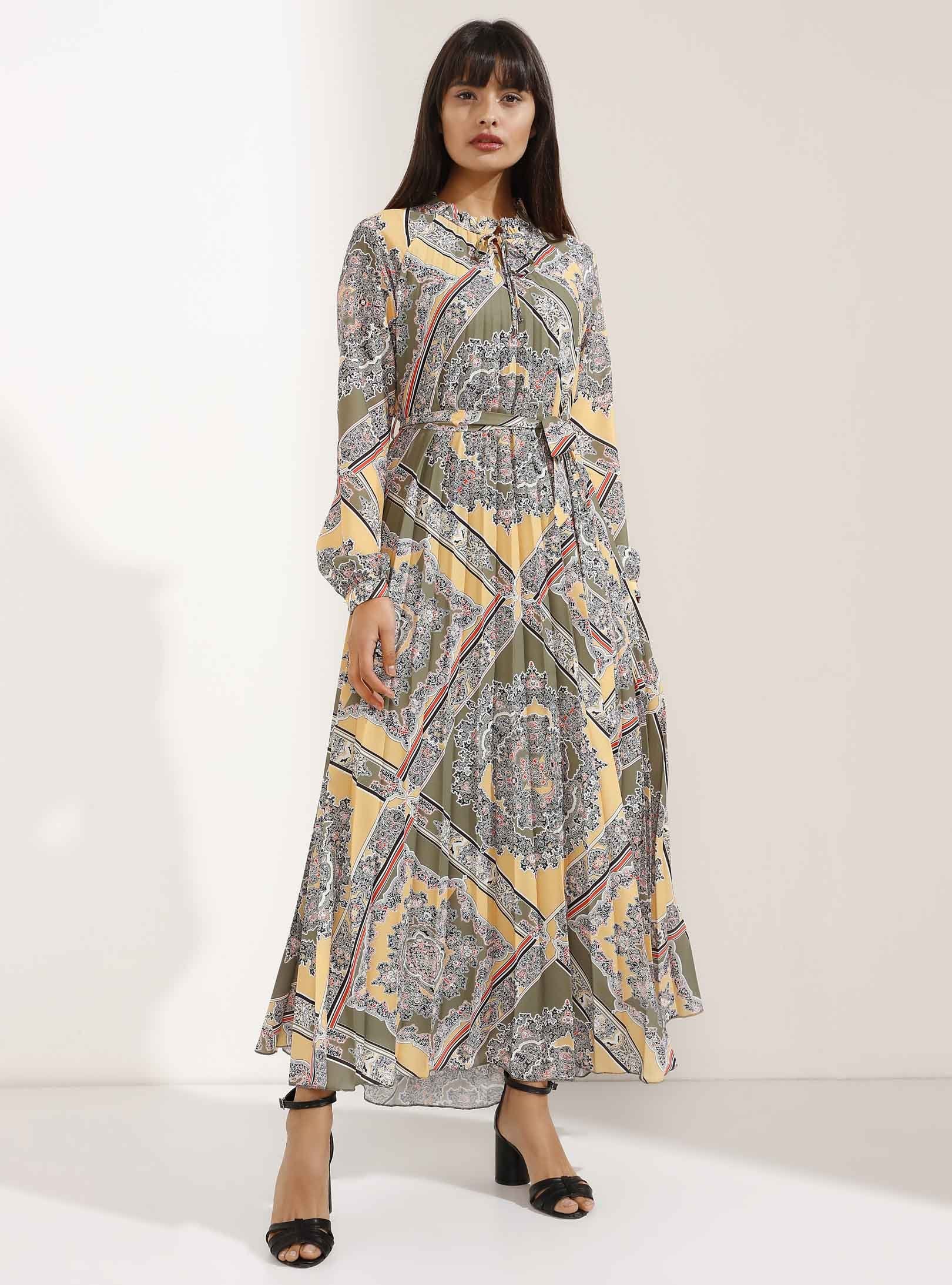 Pleated Maxi Dress with Classic Elegant Pattern