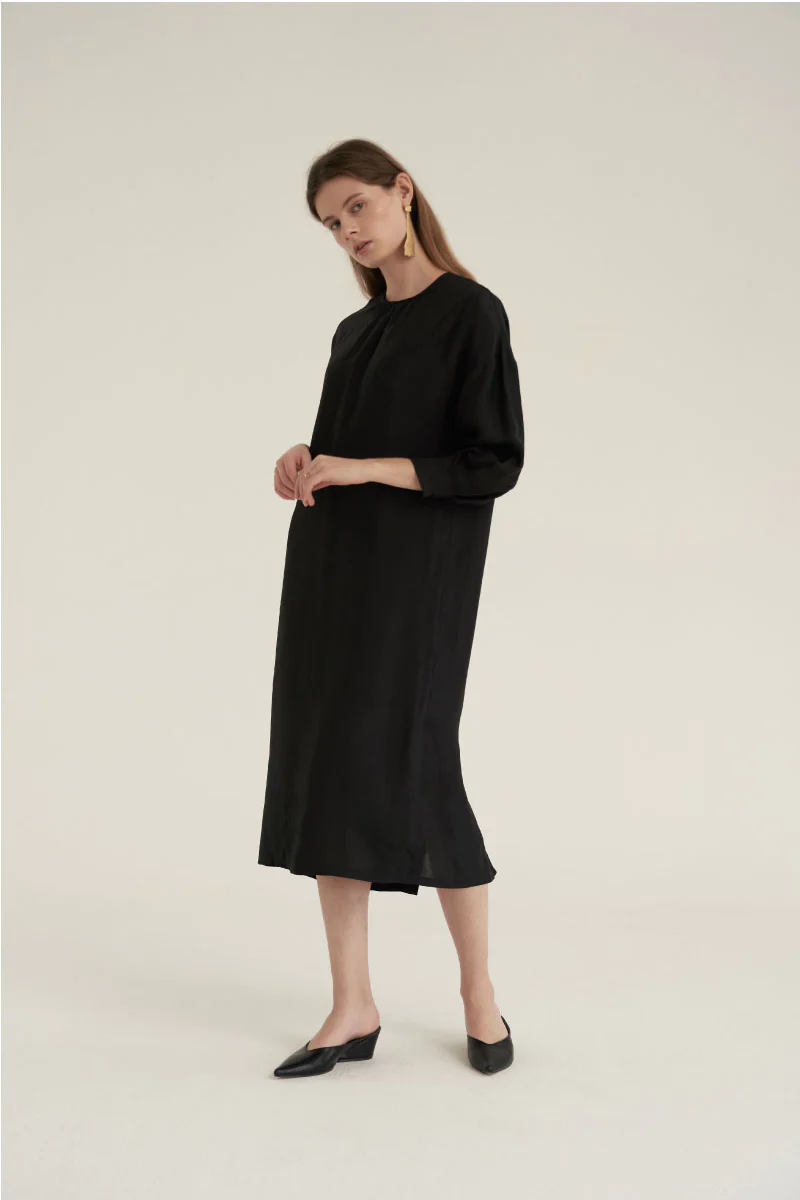 Shirring Neck Comfort Dress Black