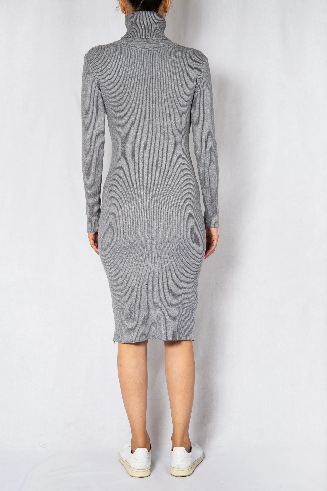 Grey Rib High Neck Long Sleeves Midi Dress