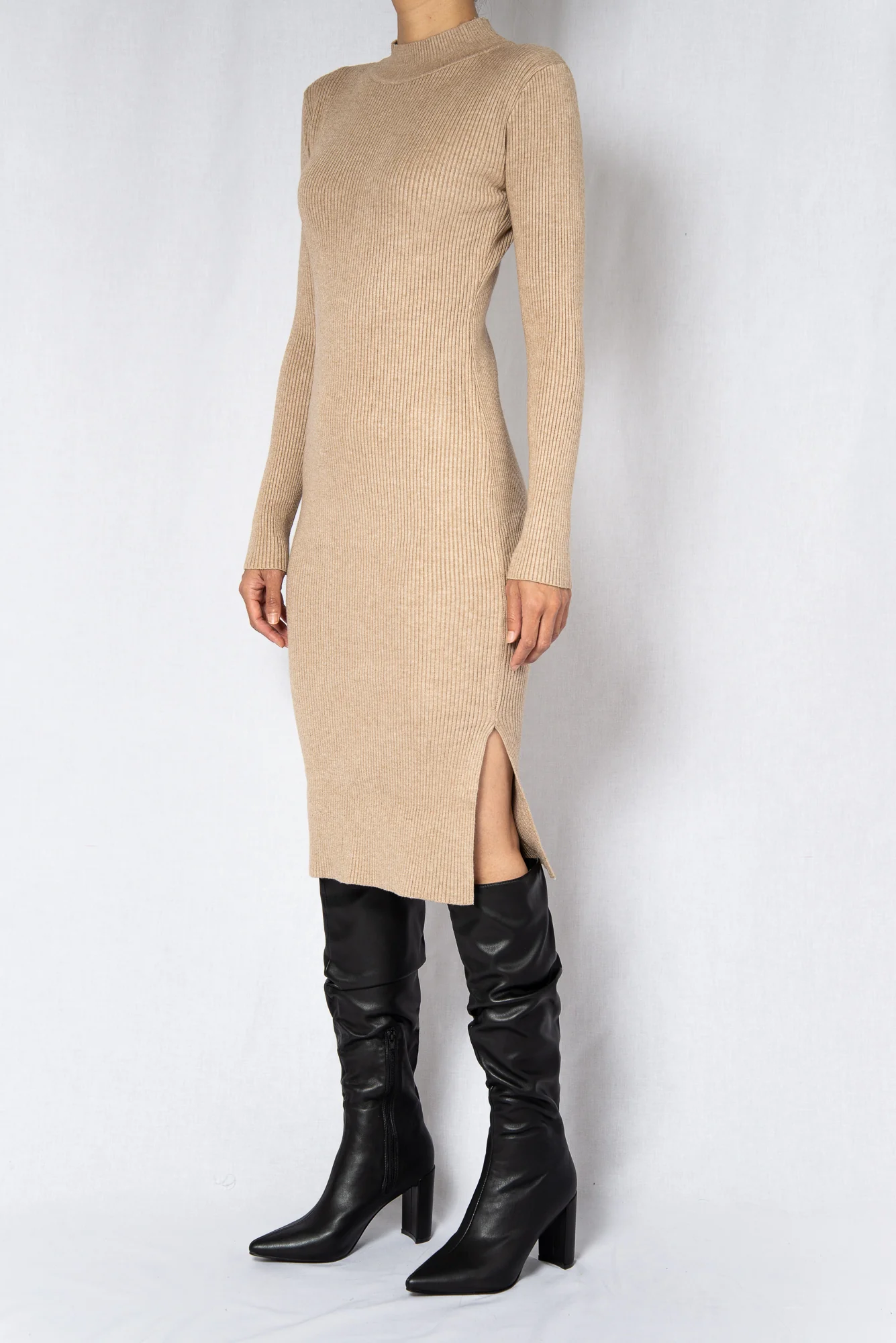 Beige Rib Long Sleeves Midi Dress