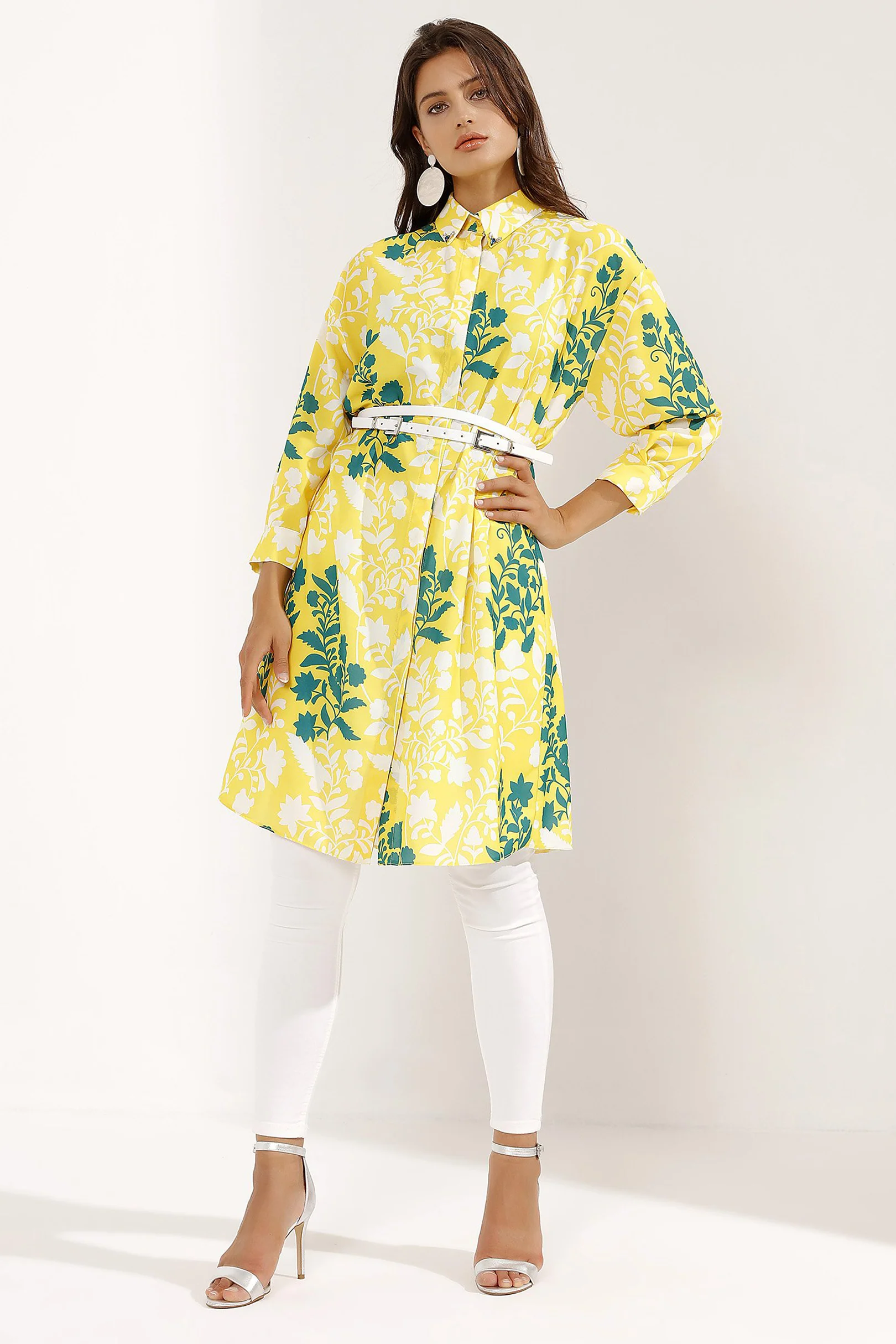 Yellow Belted Stone Collar Details Midi Dress