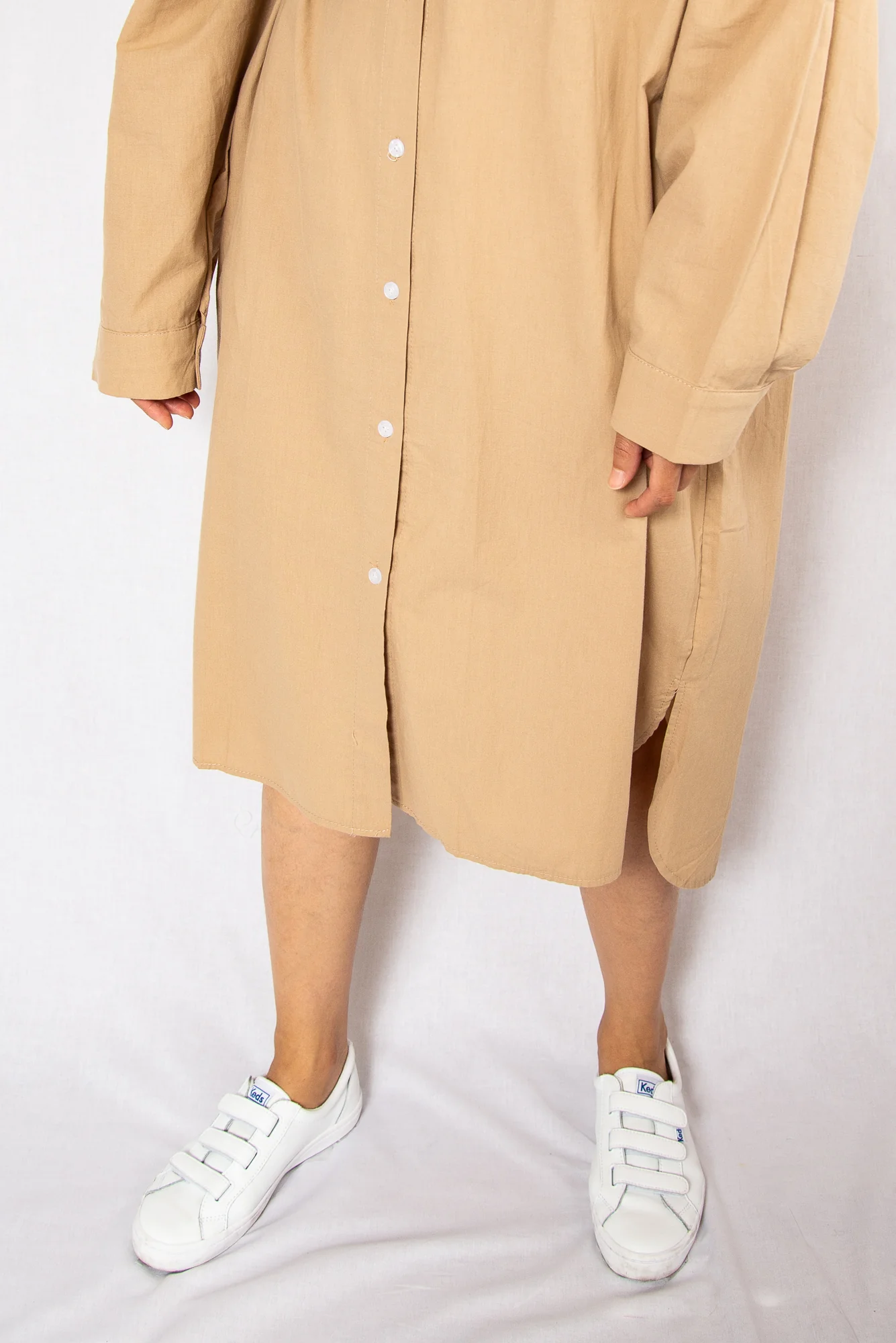 Beige Loose Midi Shirt Dress with Long Sleeves