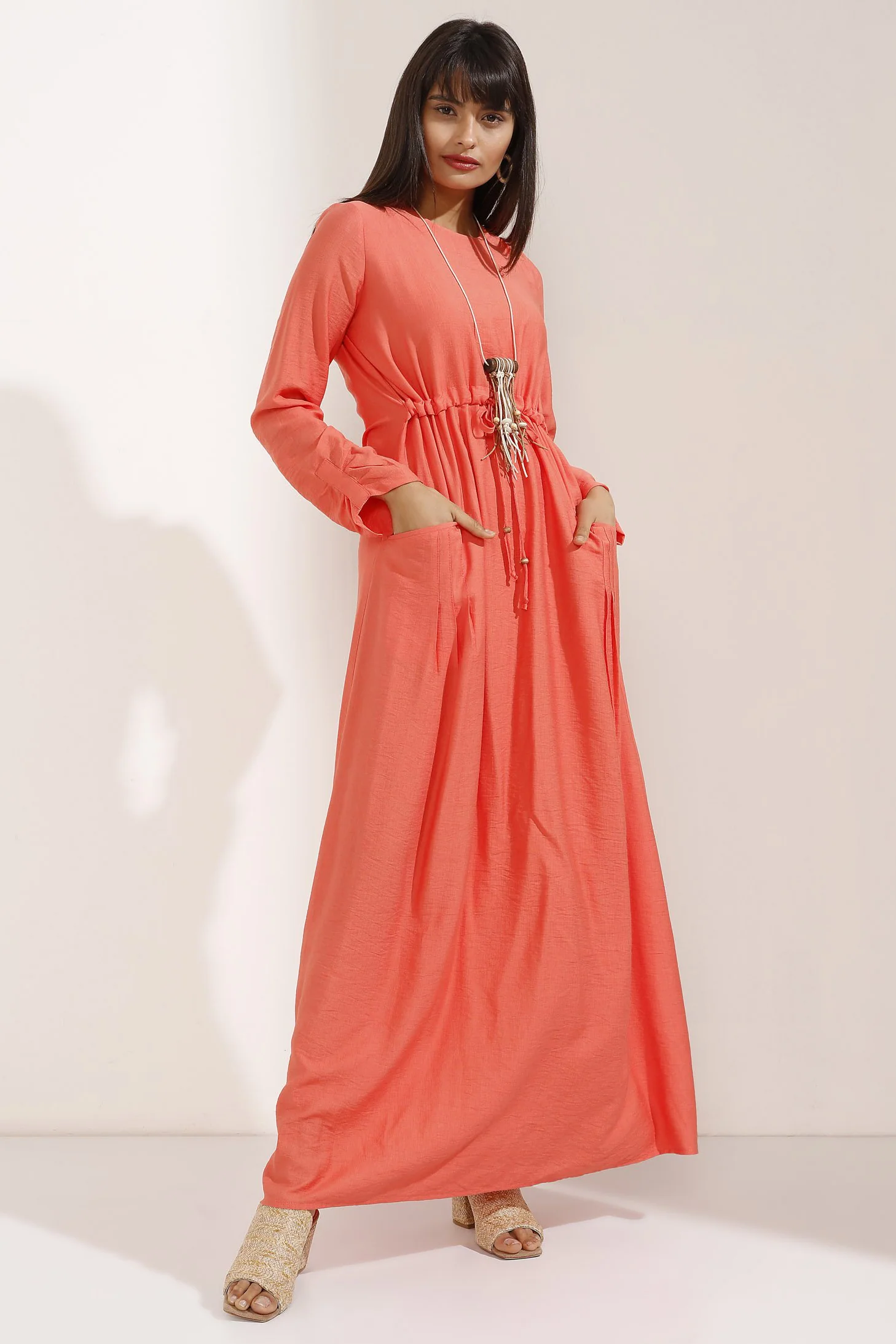 Long Orange Shirred Dress with Necklace
