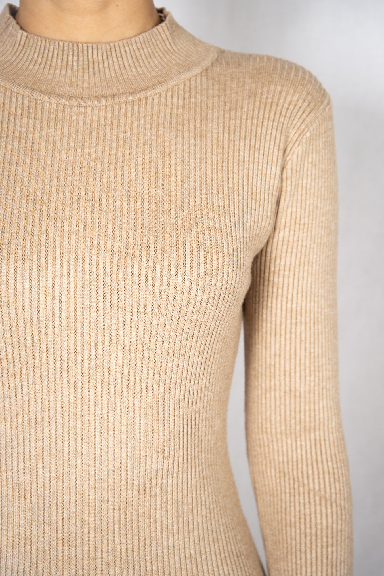 Beige Rib Long Sleeves Midi Dress