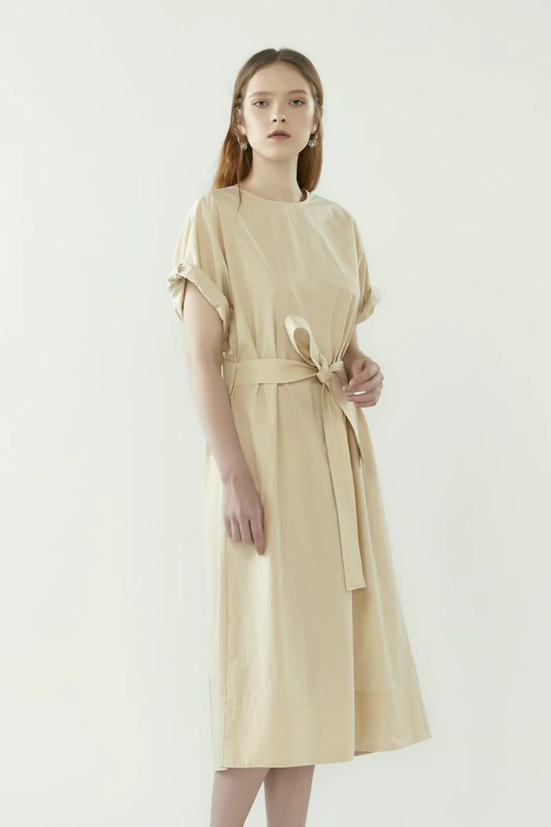 Back Wrap Dress with Belt - Oatmeal