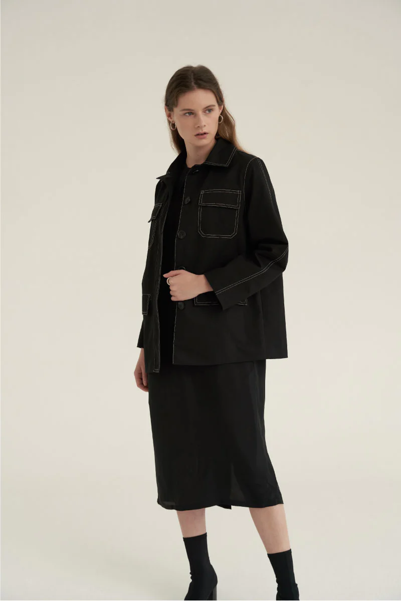 Shirring Neck Comfort Dress Black