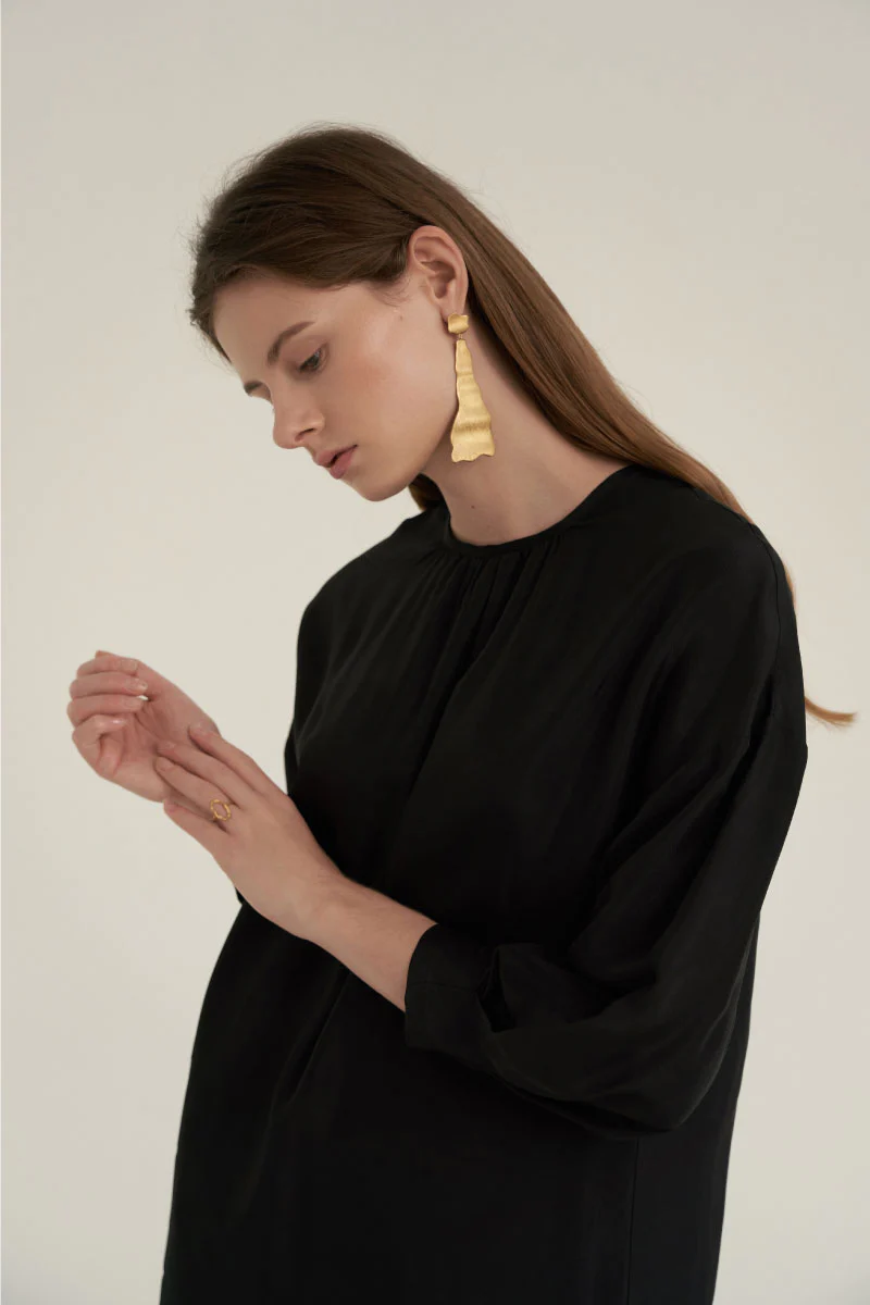 Shirring Neck Comfort Dress Black