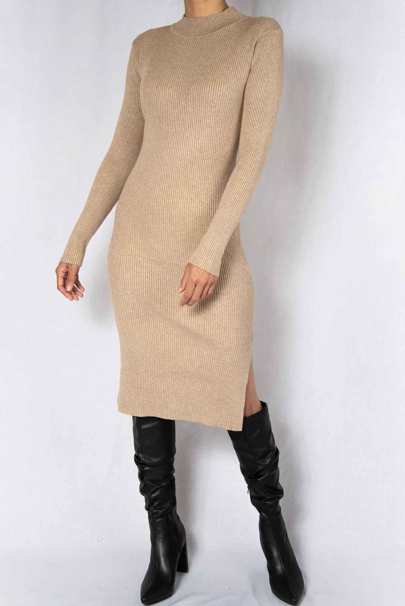 Beige Rib Long Sleeves Midi Dress