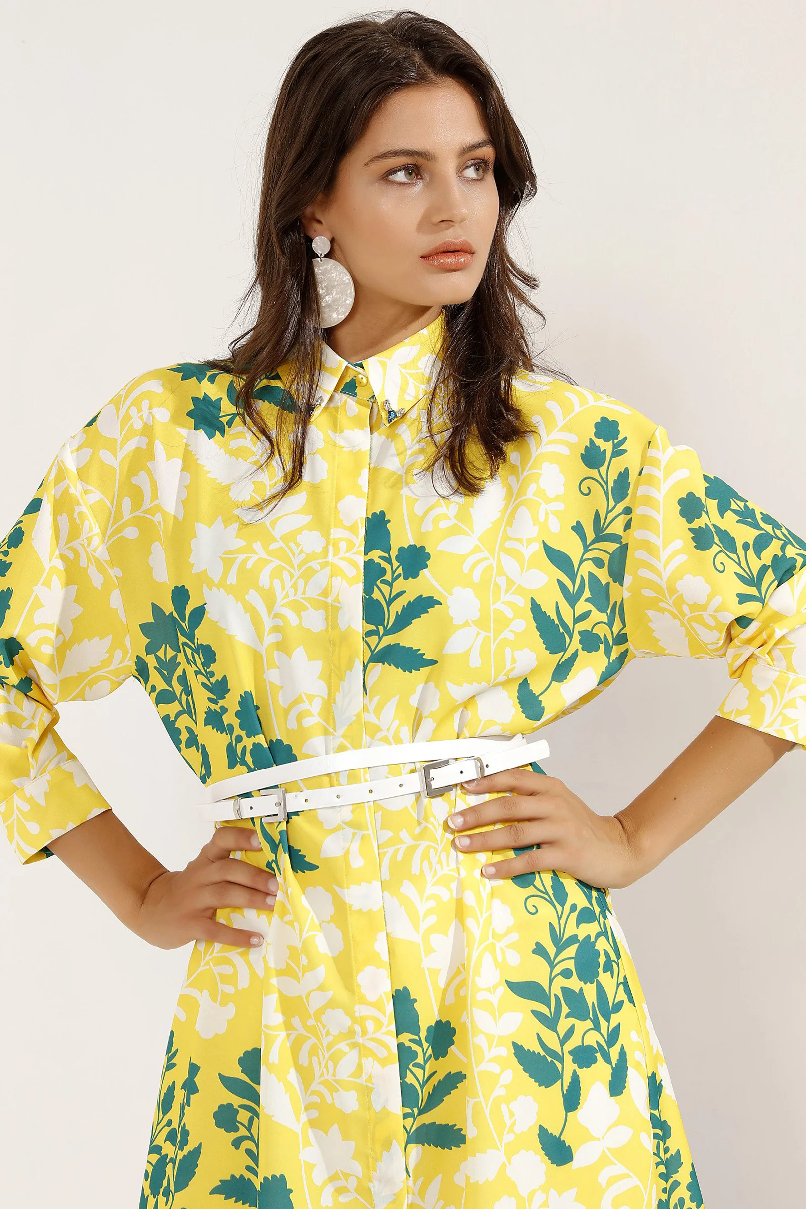 Yellow Belted Stone Collar Details Midi Dress