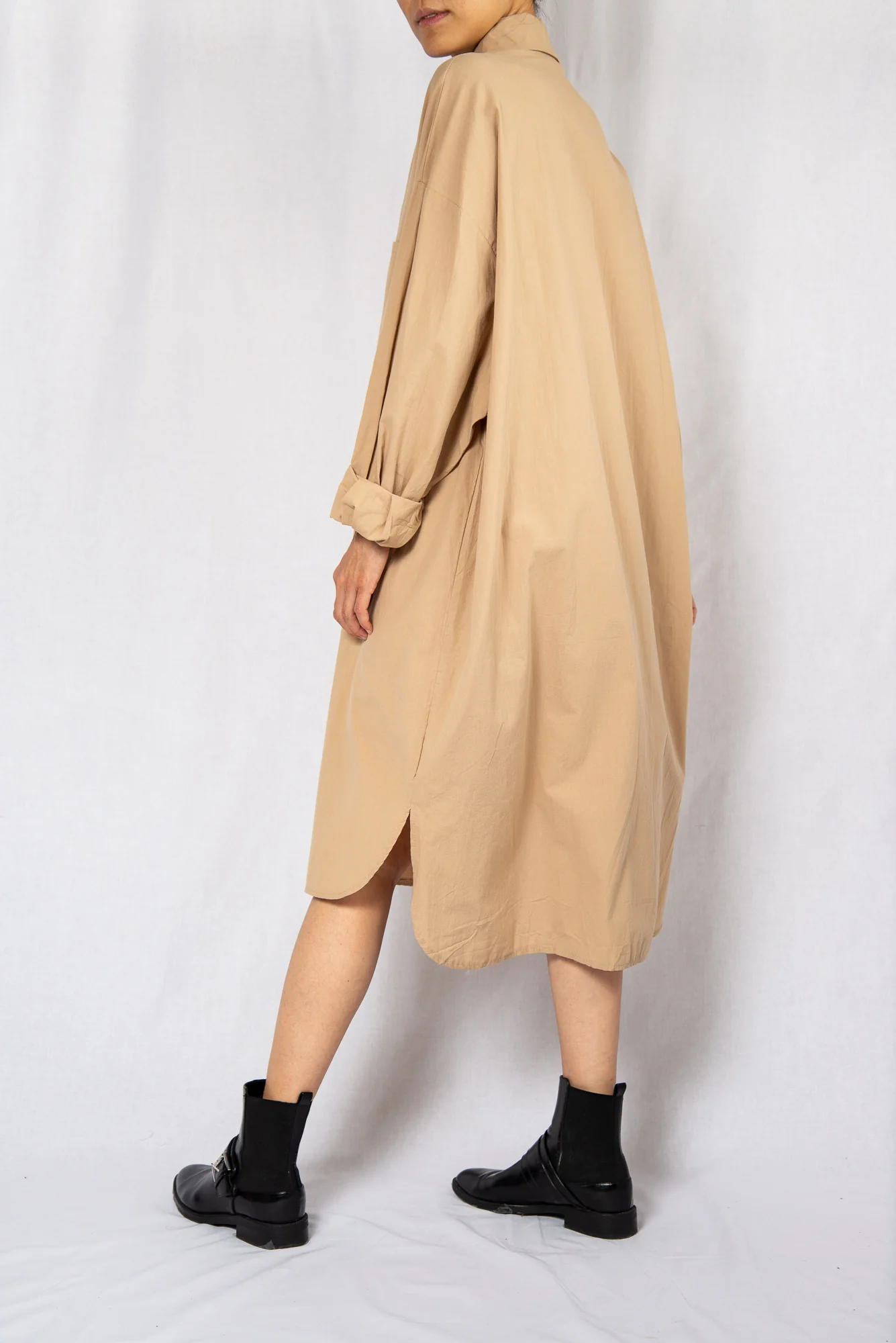 Beige Loose Midi Shirt Dress with Long Sleeves