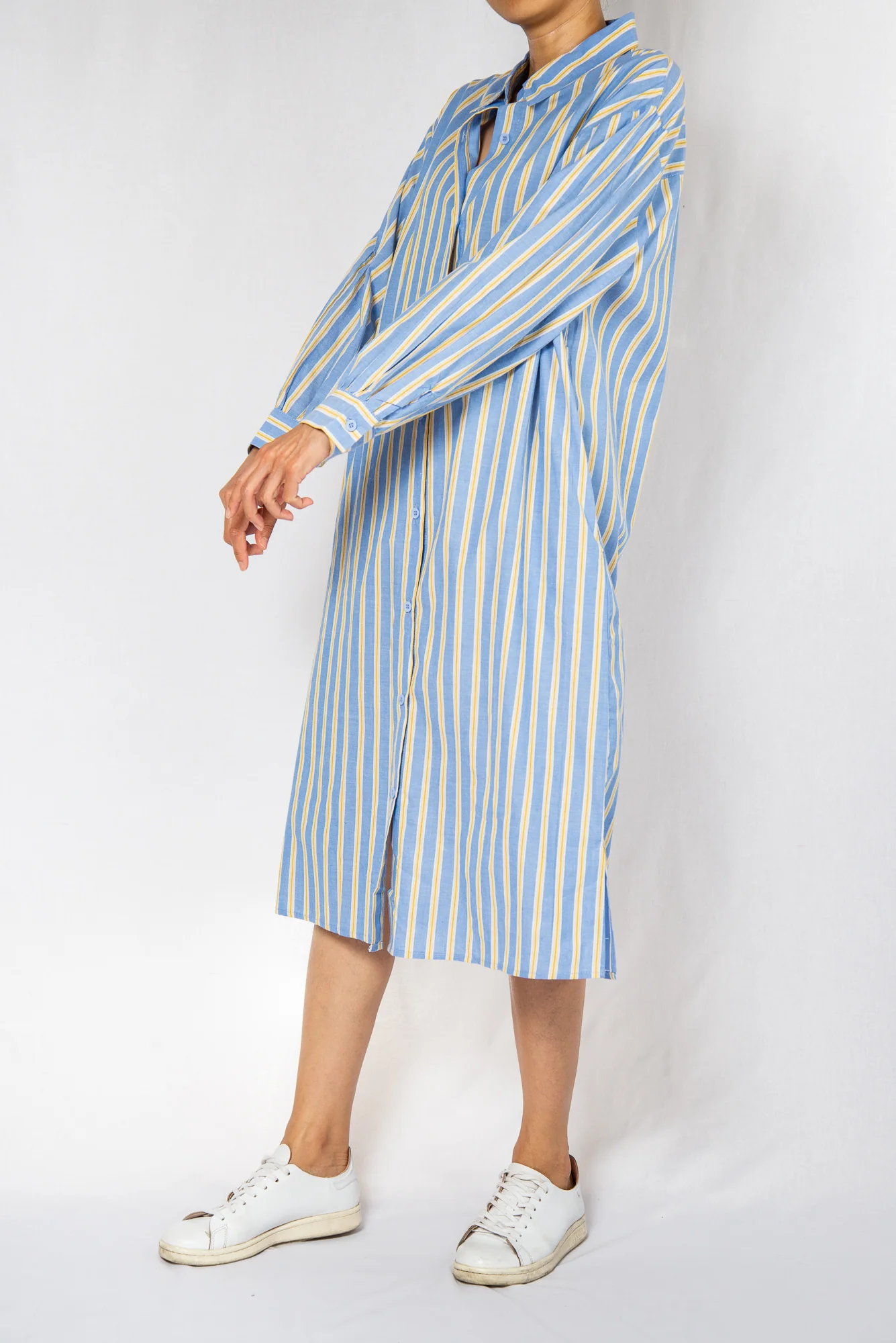 Blue Stripe Midi Shirt Dress with Sash