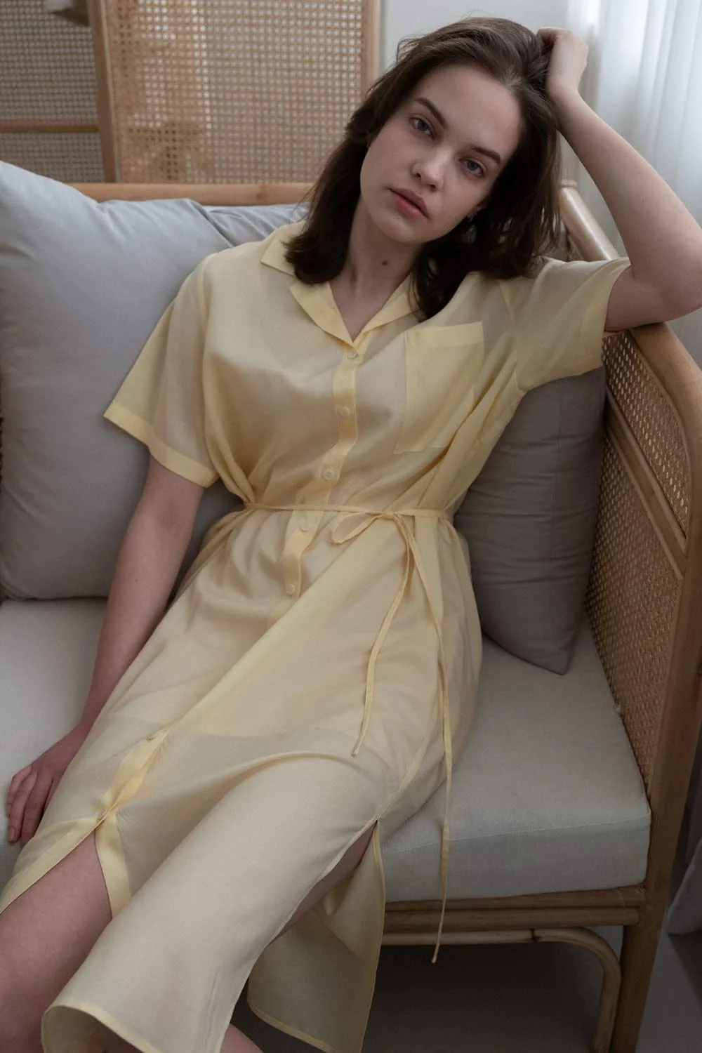 Sheer String Shirt Dress Yellow
