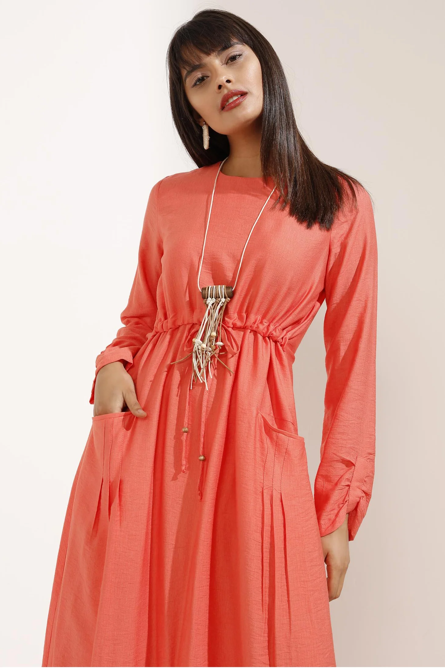 Long Orange Shirred Dress with Necklace