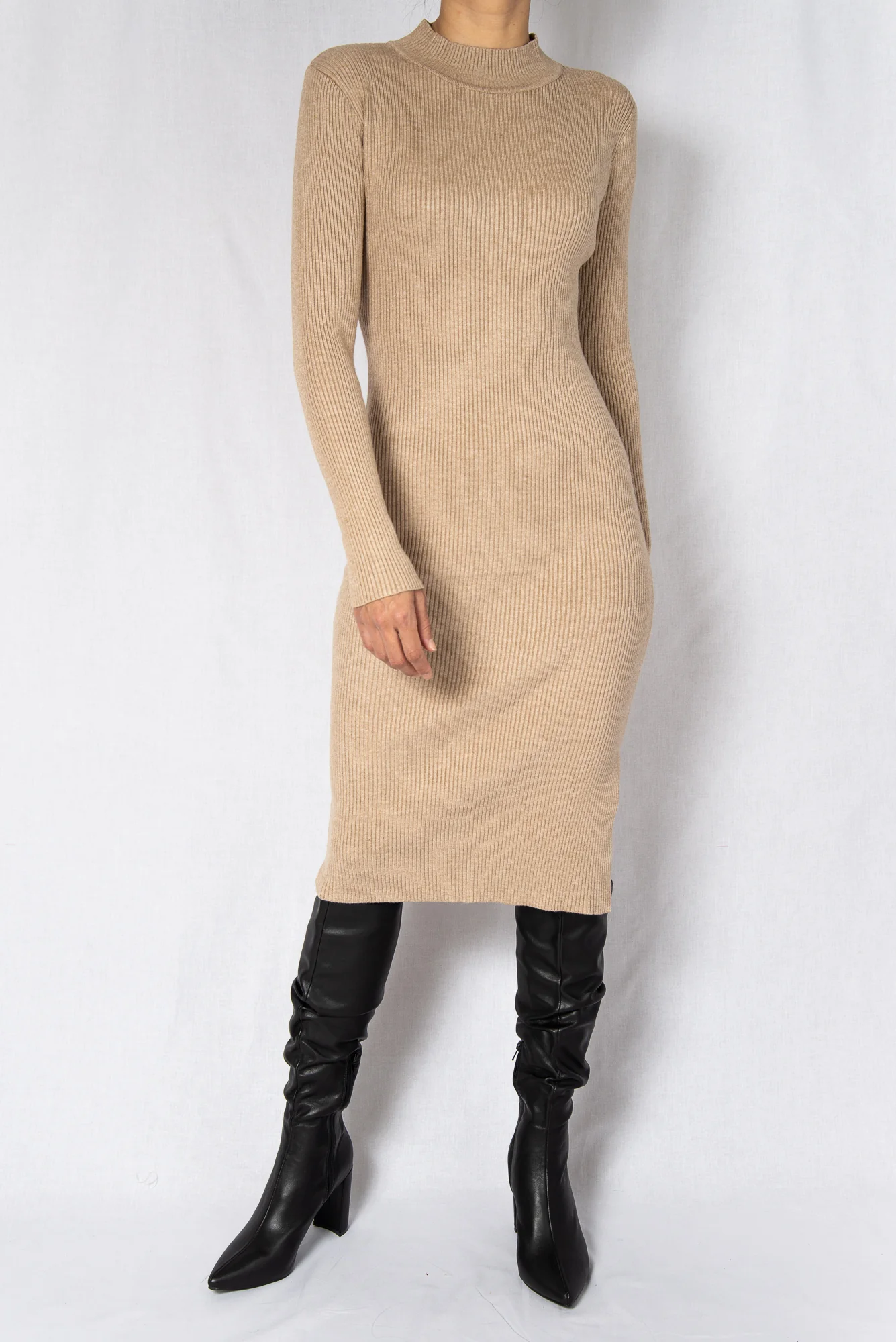 Beige Rib Long Sleeves Midi Dress