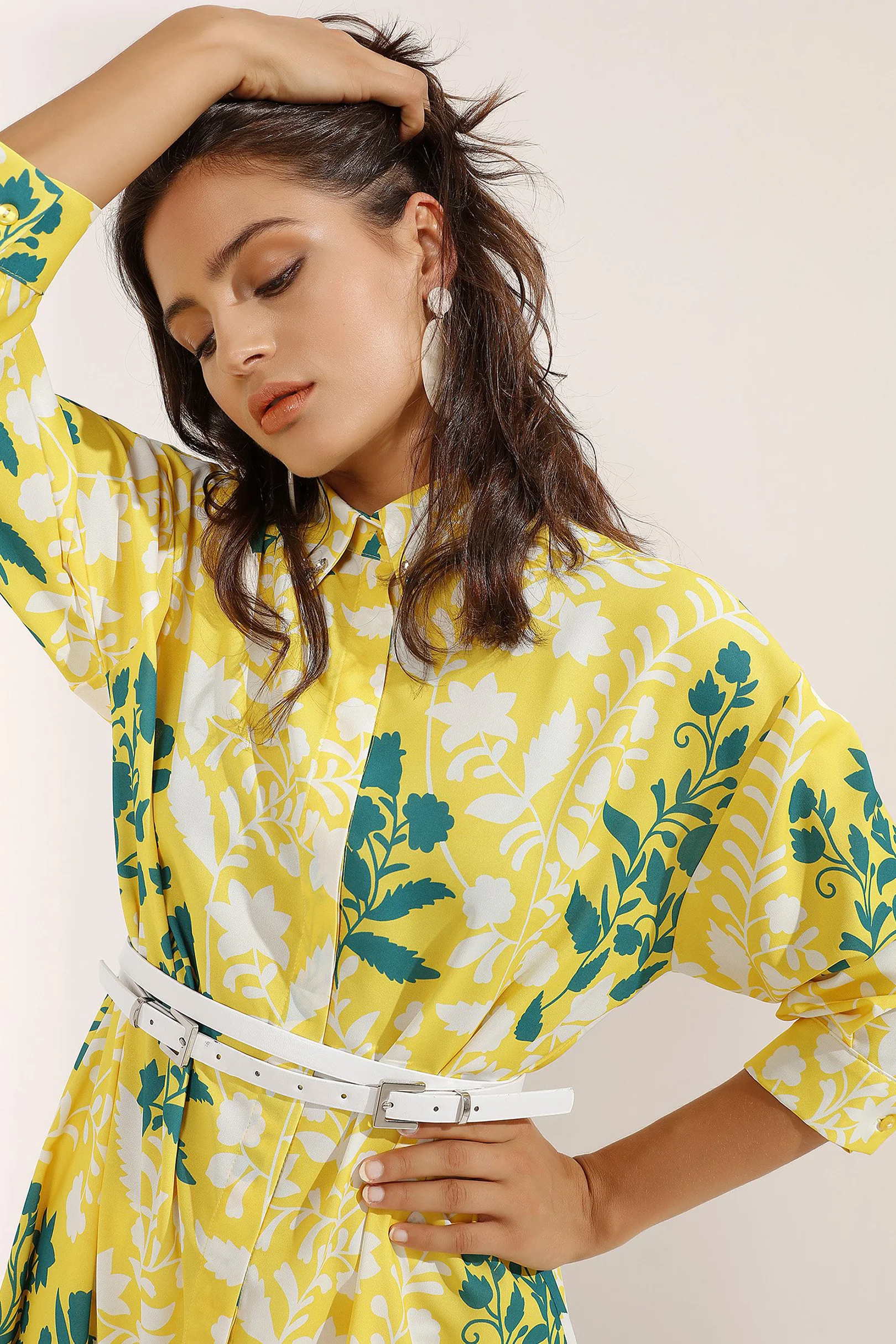 Yellow Belted Stone Collar Details Midi Dress