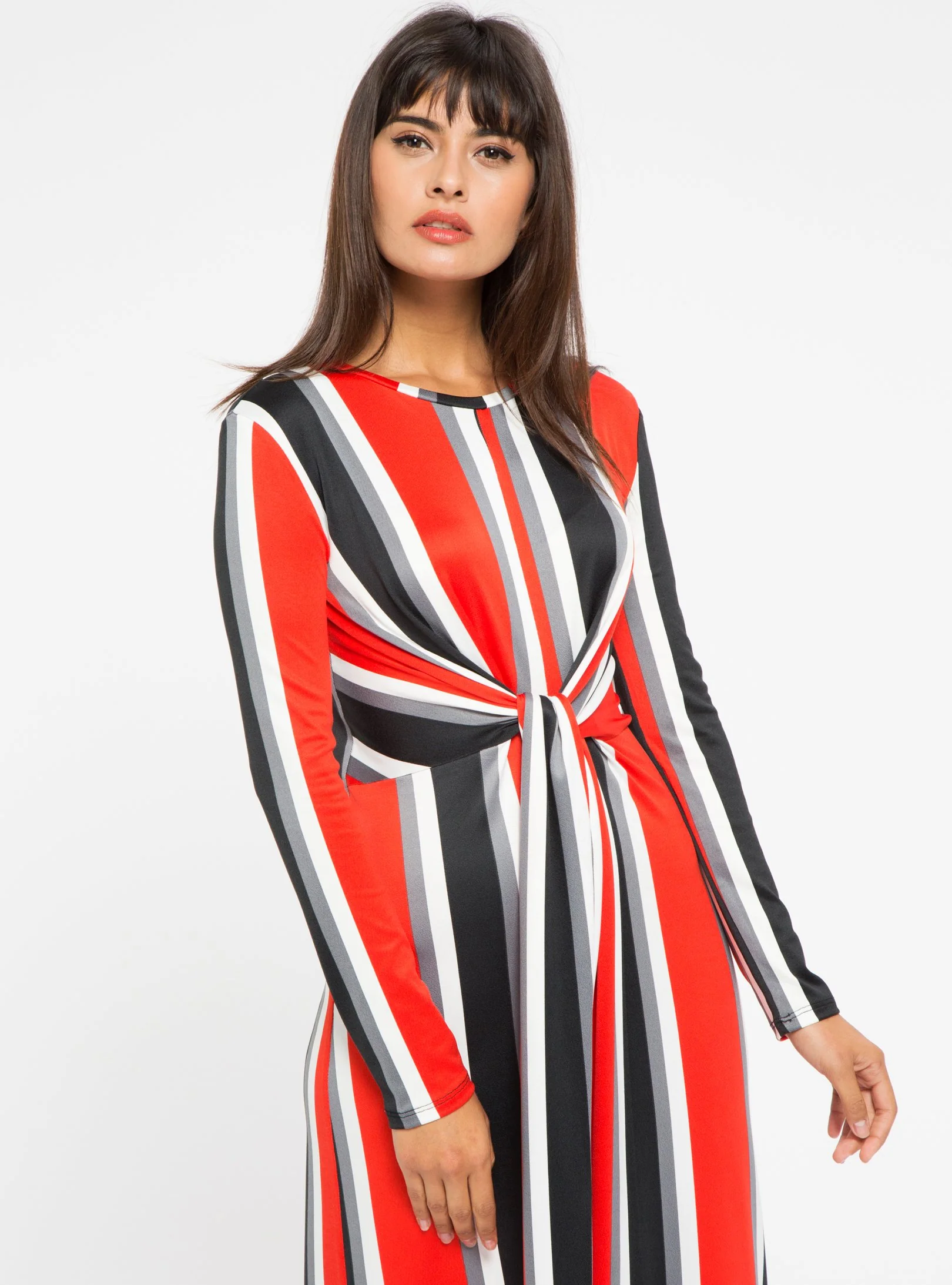 Red Tie Front Stripe Midi Dress
