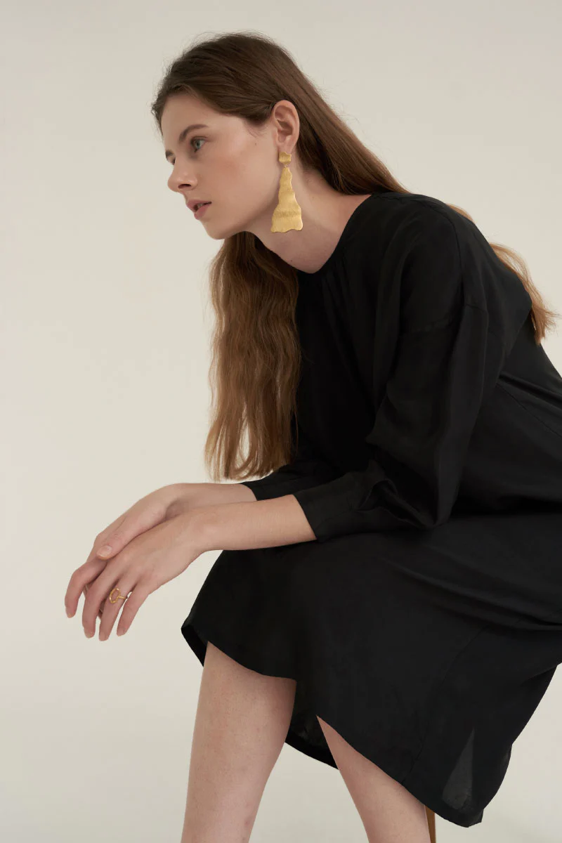 Shirring Neck Comfort Dress Black