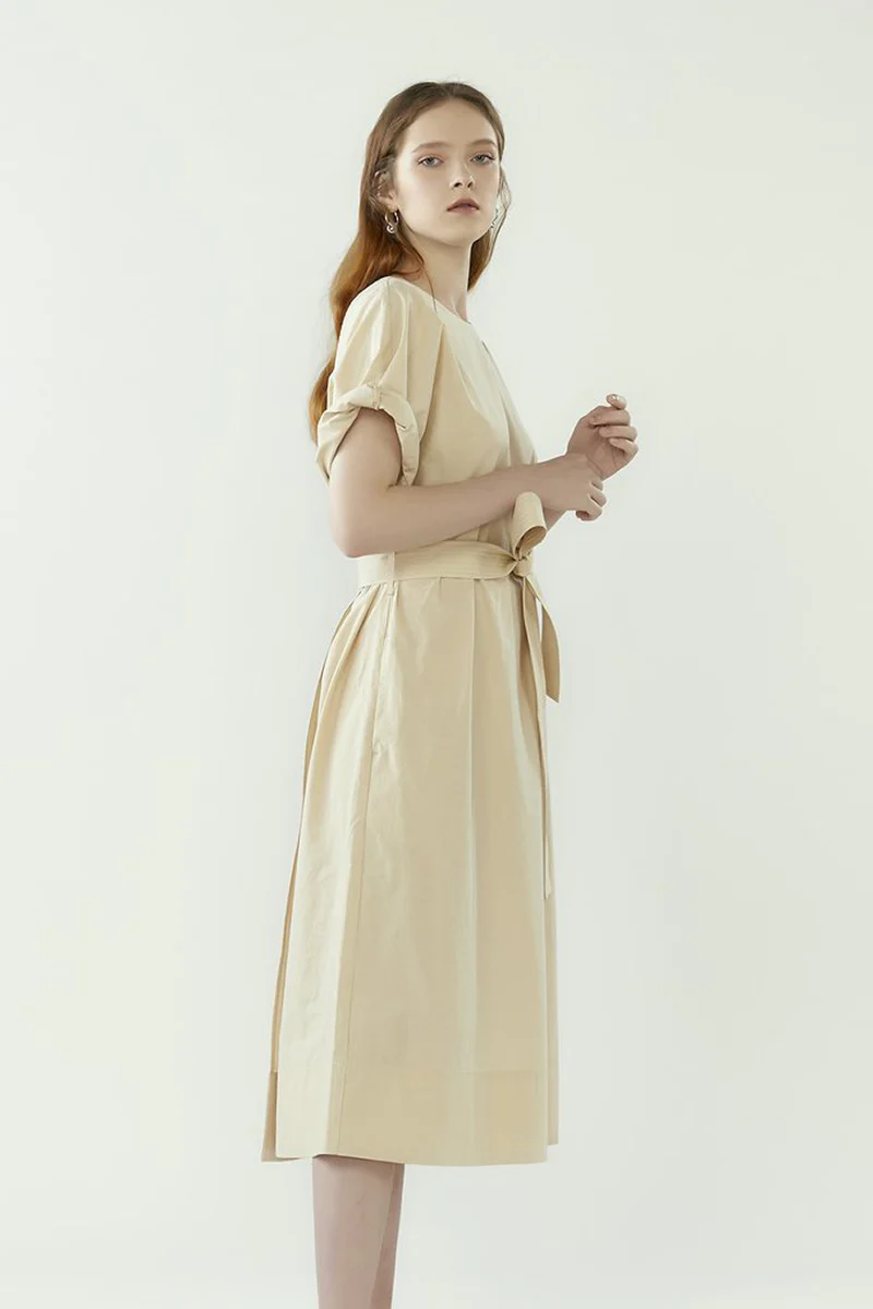 Back Wrap Dress with Belt - Oatmeal
