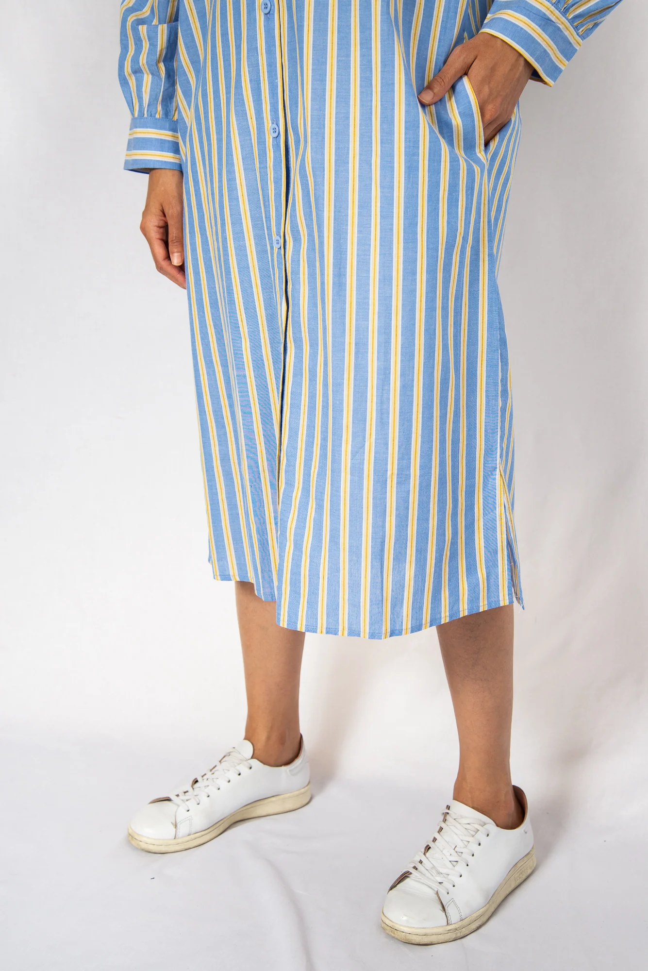 Blue Stripe Midi Shirt Dress with Sash