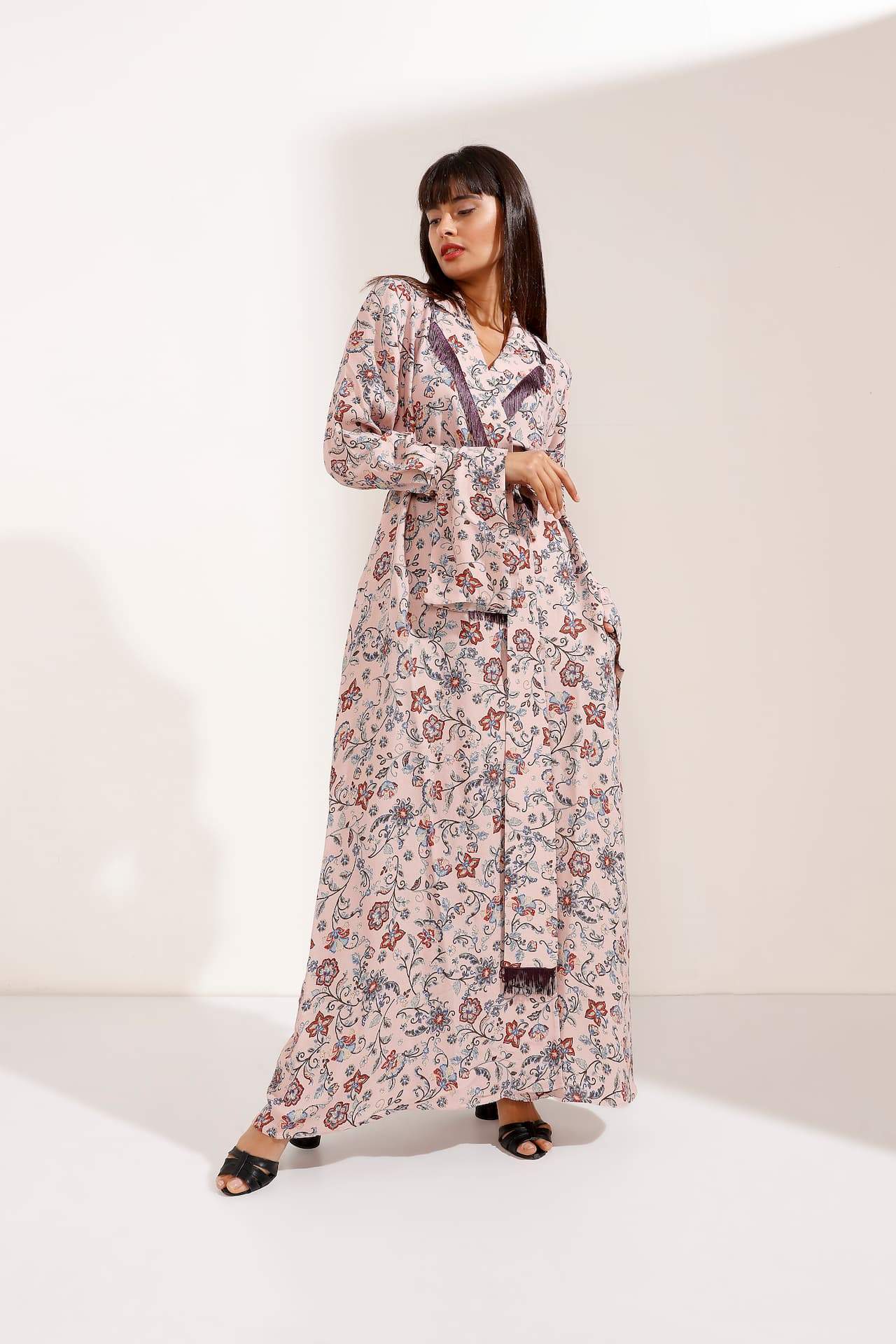 Pink Floral Maxi Dress with Tassel Collar and Belt