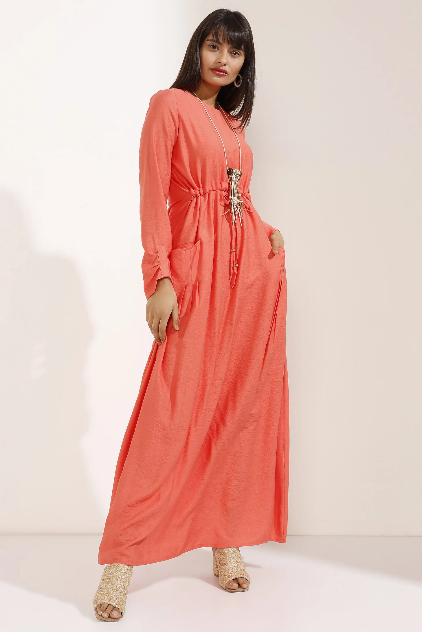 Long Orange Shirred Dress with Necklace