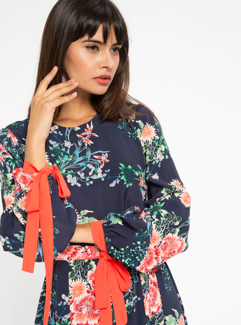 Orange Contrast Floral Dress