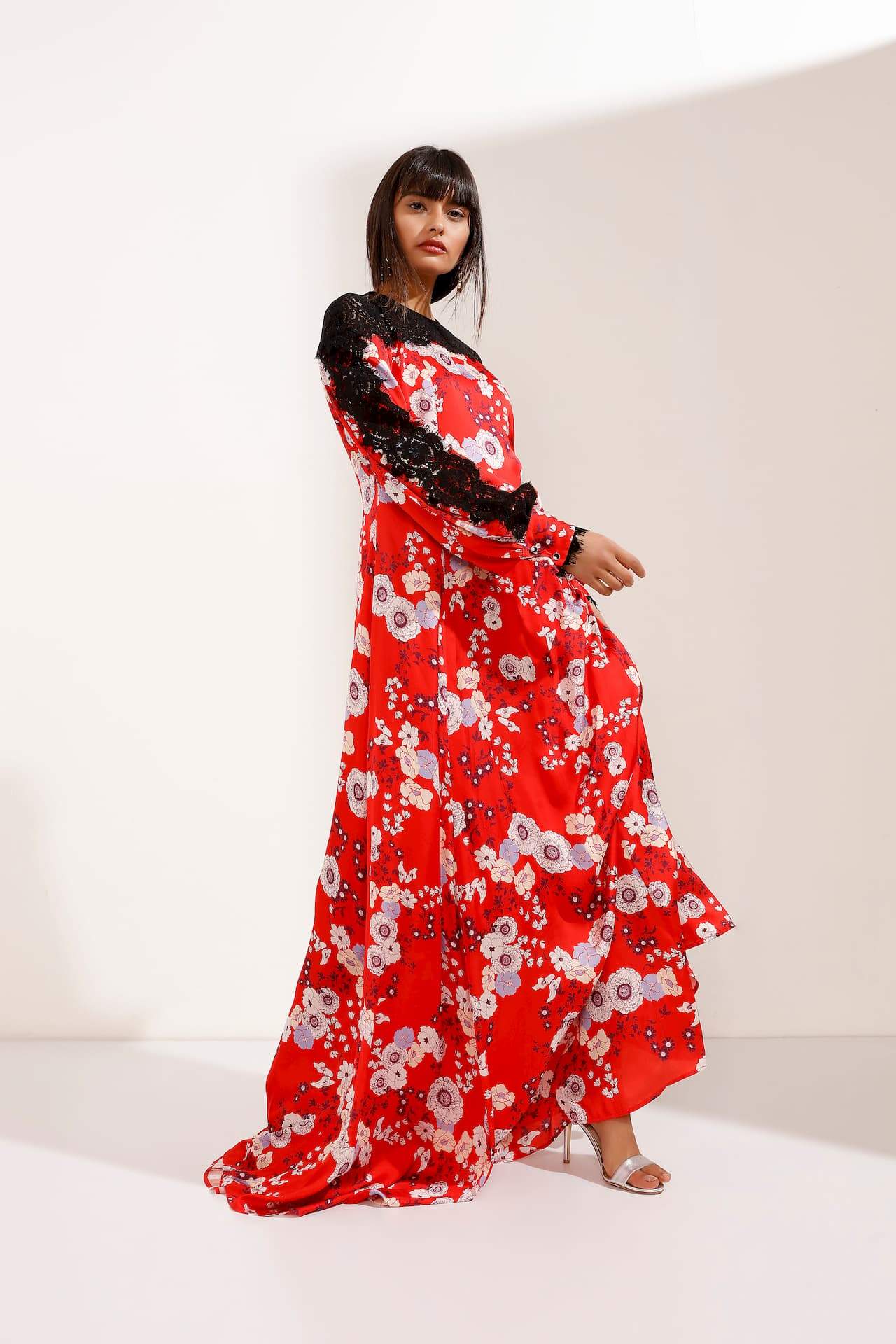 Red Base Floral Maxi Dress with Black Lace