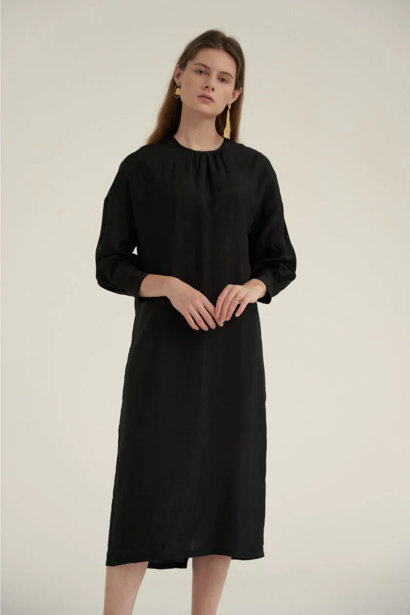Shirring Neck Comfort Dress Black