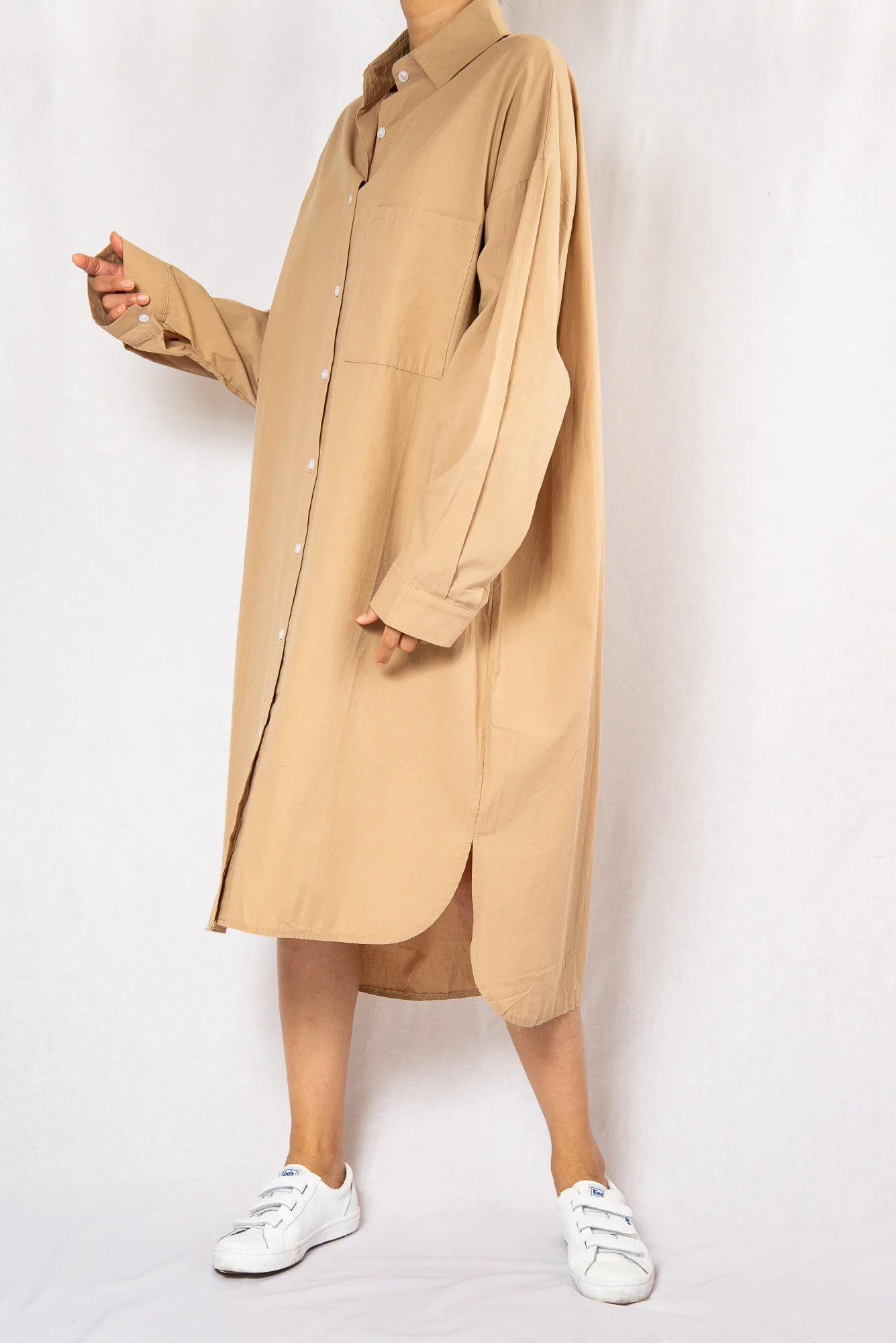 Beige Loose Midi Shirt Dress with Long Sleeves