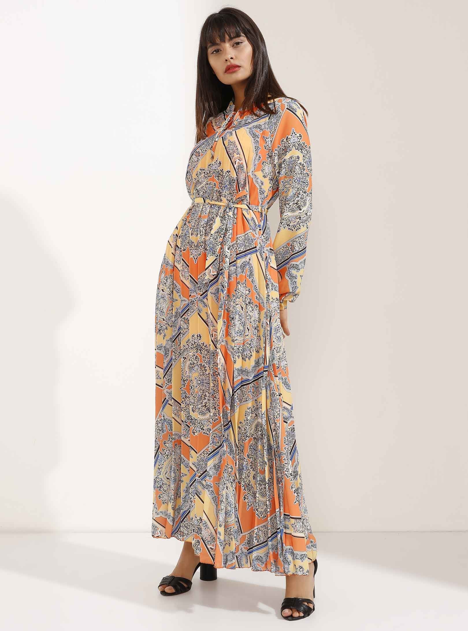 Orange and Yellow Pleated Elegant Patterned Maxi Dress