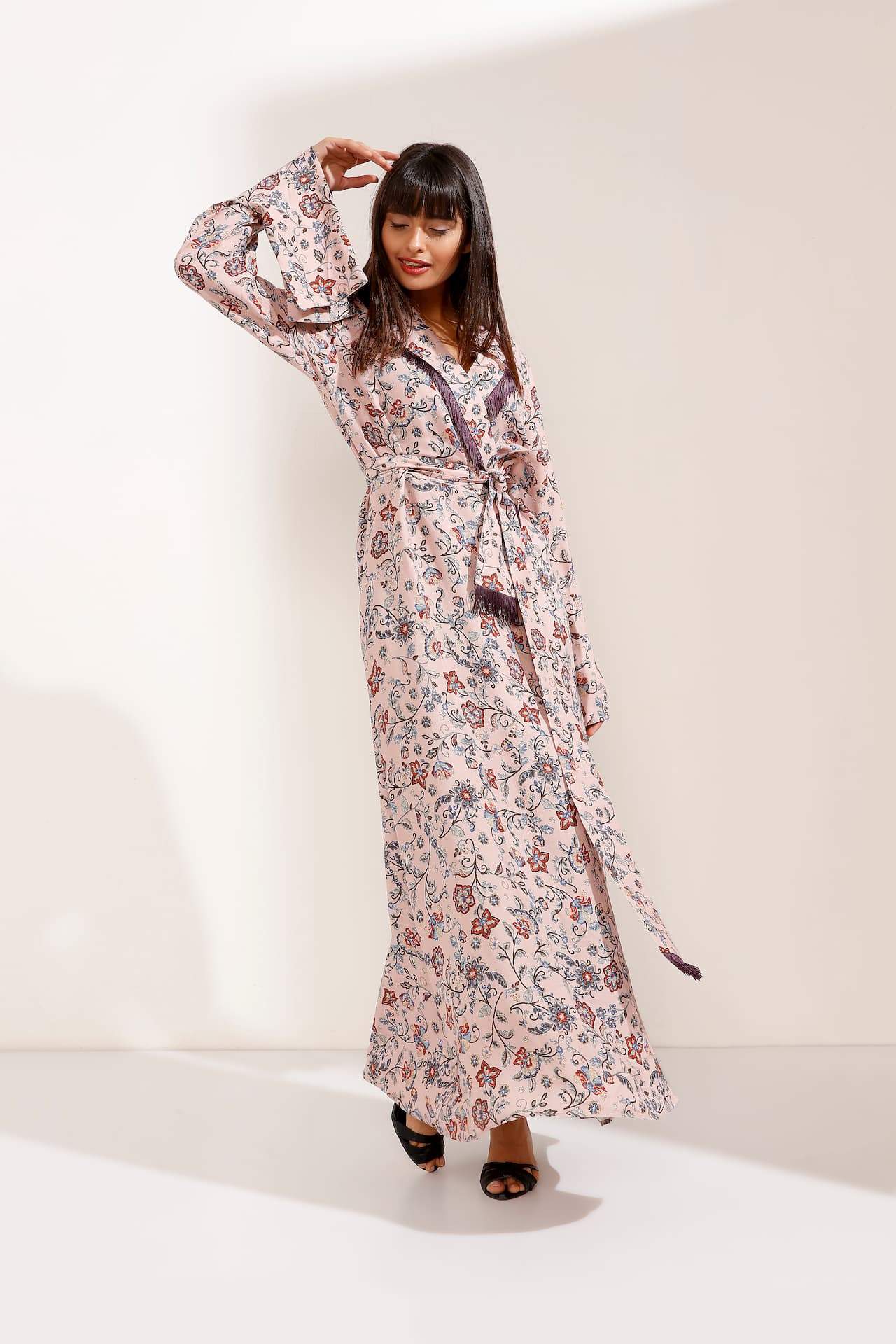 Pink Floral Maxi Dress with Tassel Collar and Belt