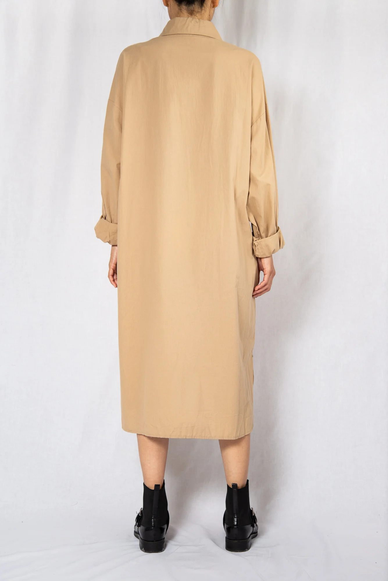 Beige Loose Midi Shirt Dress with Long Sleeves