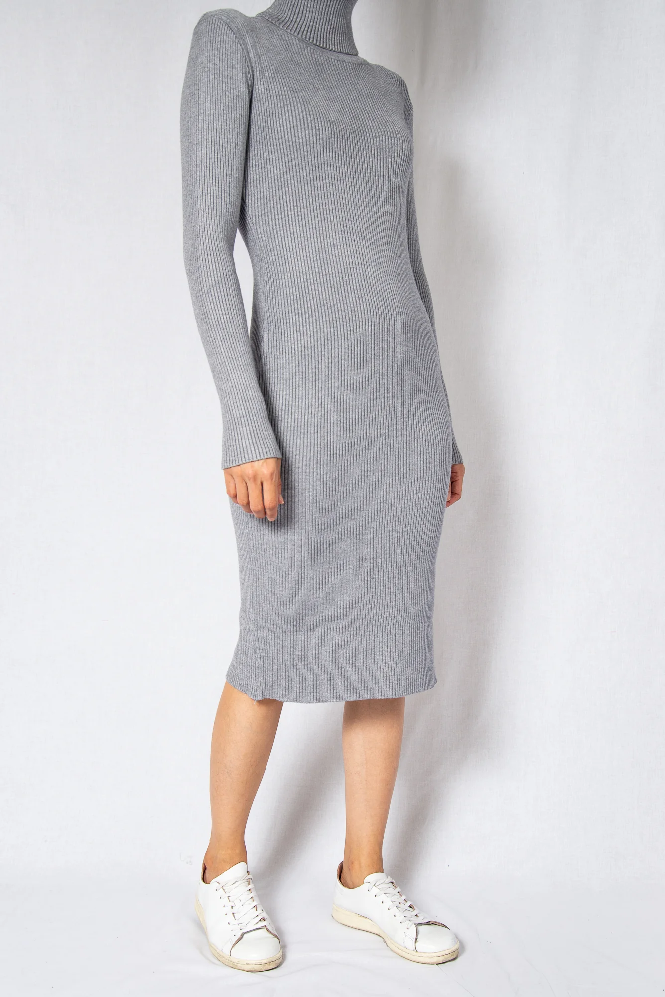 Grey Rib High Neck Long Sleeves Midi Dress