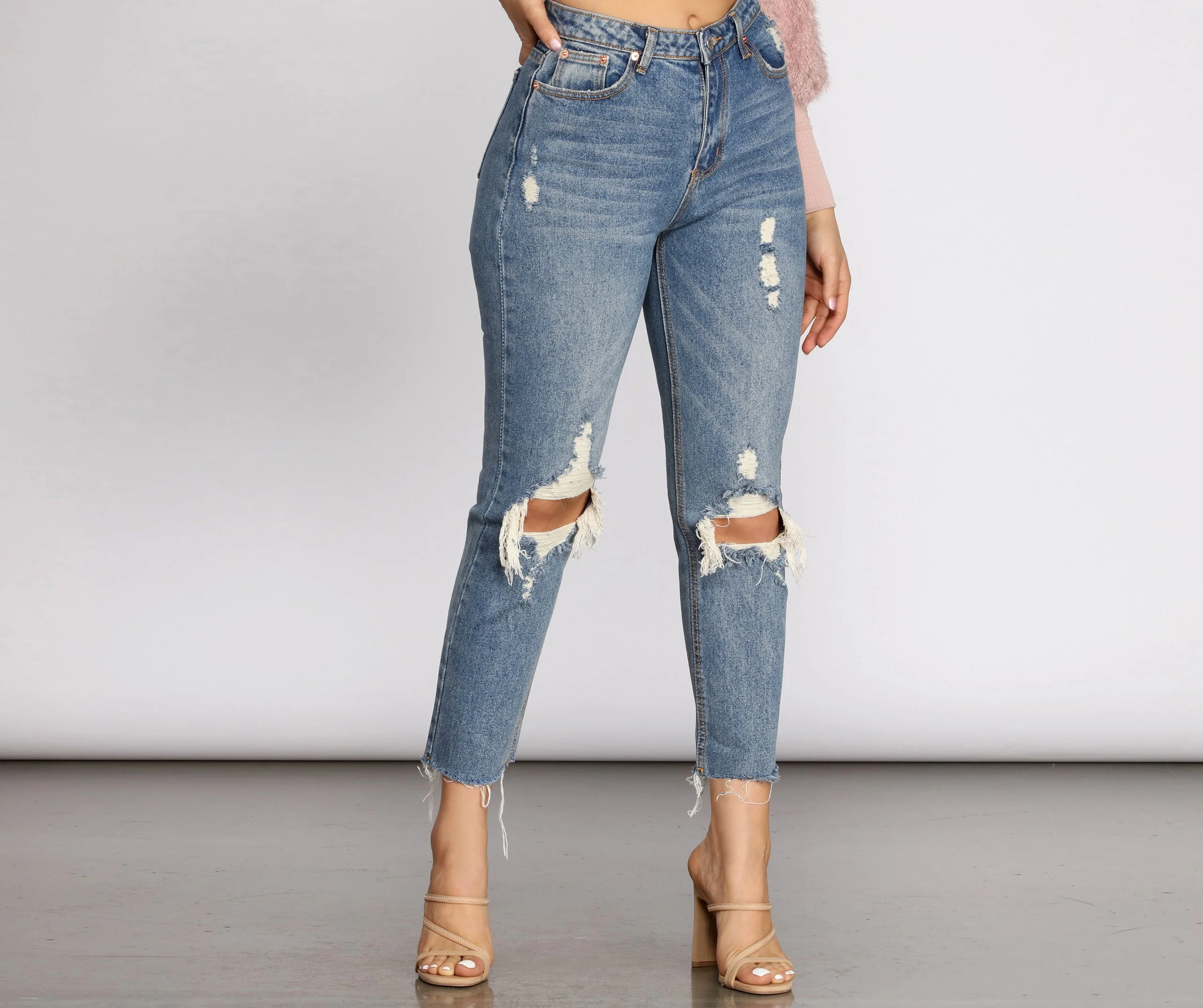High Waist Distressed Denim Pants