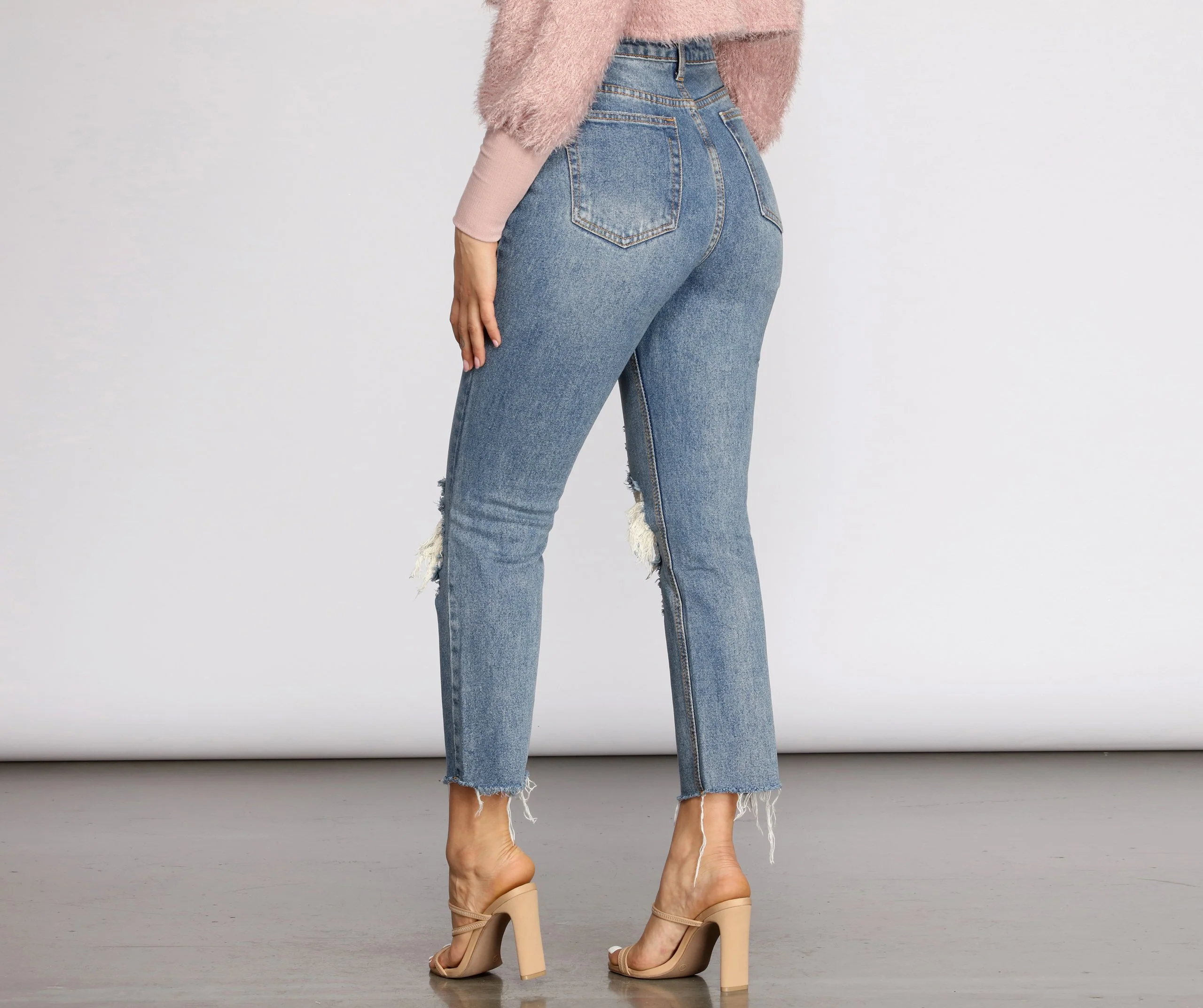 High Waist Distressed Denim Pants