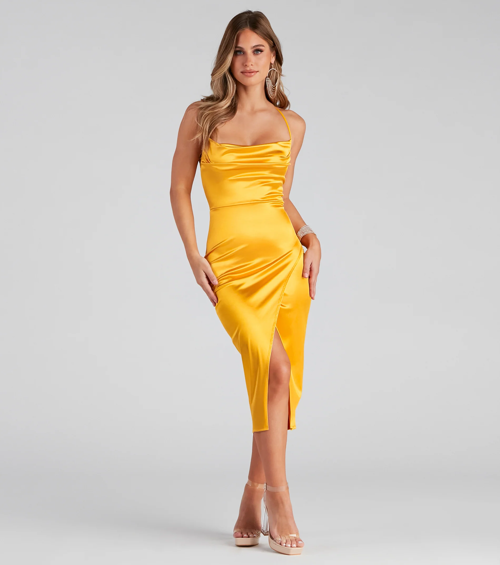 Lillyanne Formal Satin Asymmetrical Midi Dress