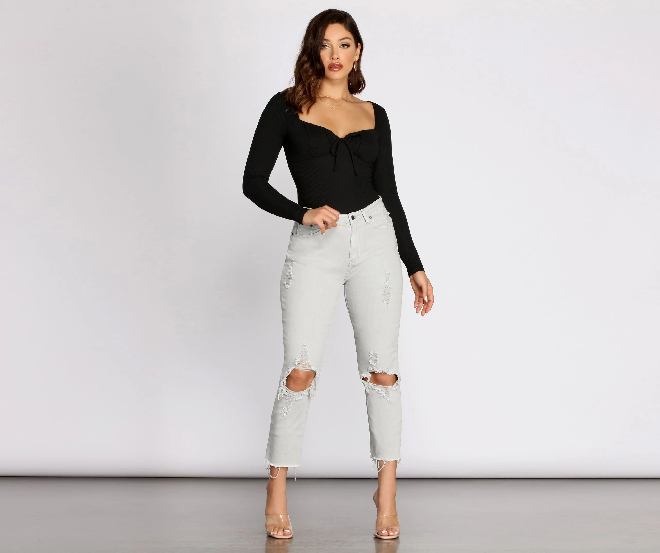 High Waist Distressed Denim Pants