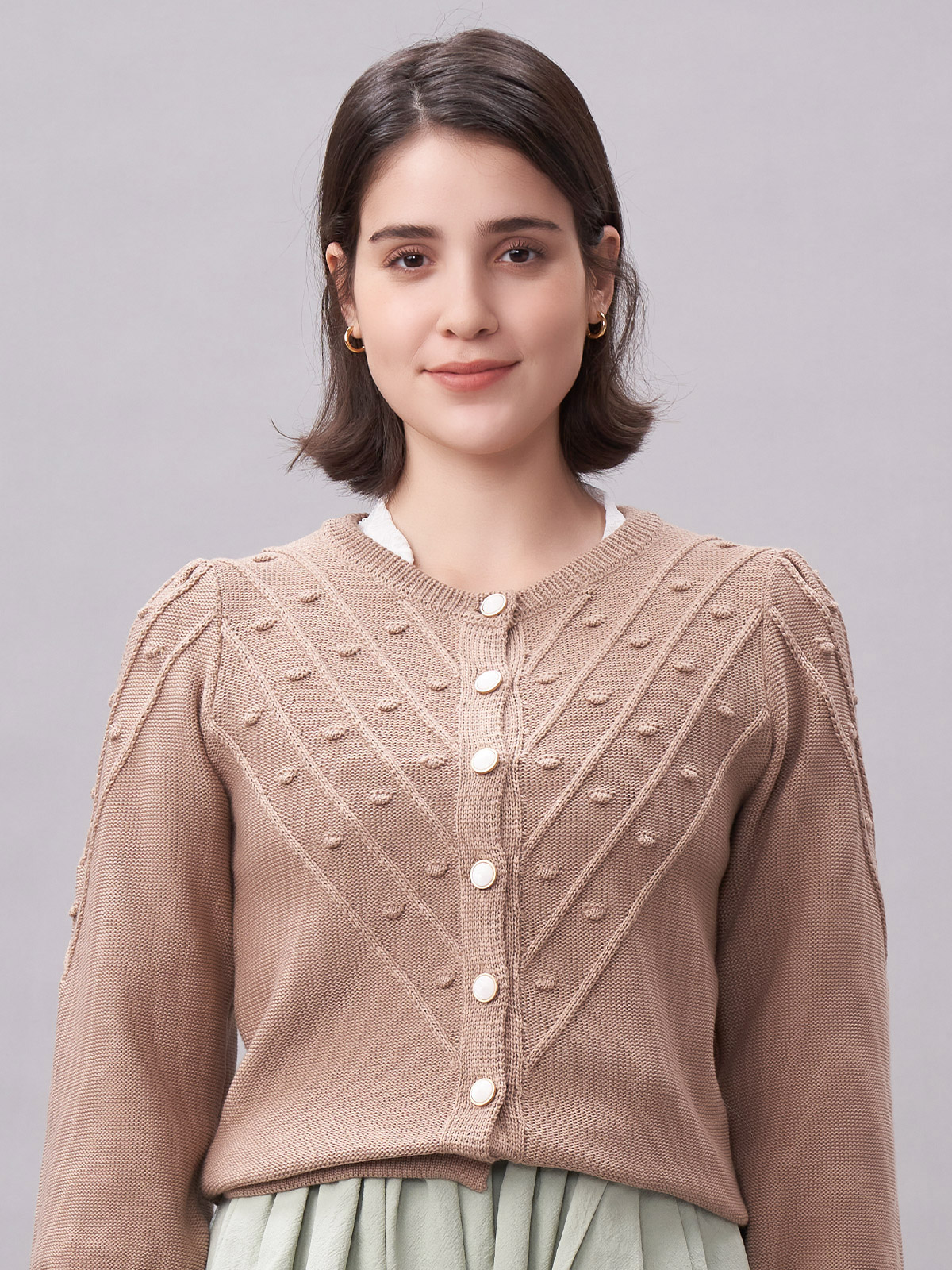 Damen Knöpfen Creme Weit Strick RENATA