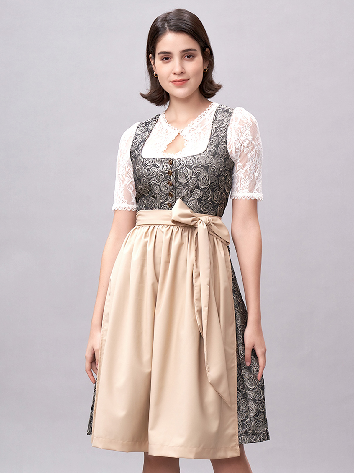 Damen Gelb Zwei verdeckte Eingriffstaschen Floralem Muster Dirndl NADINE