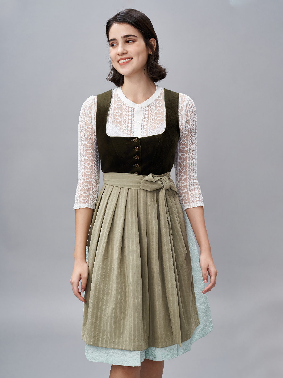 Damen Grün Zwei verdeckte Eingriffstaschen Floralem Muster Dirndl NICOLE