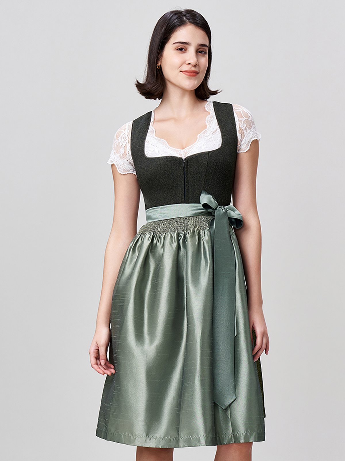 Damen Grün Zwei verdeckte Eingriffstaschen Strukturierter Dirndl DORA