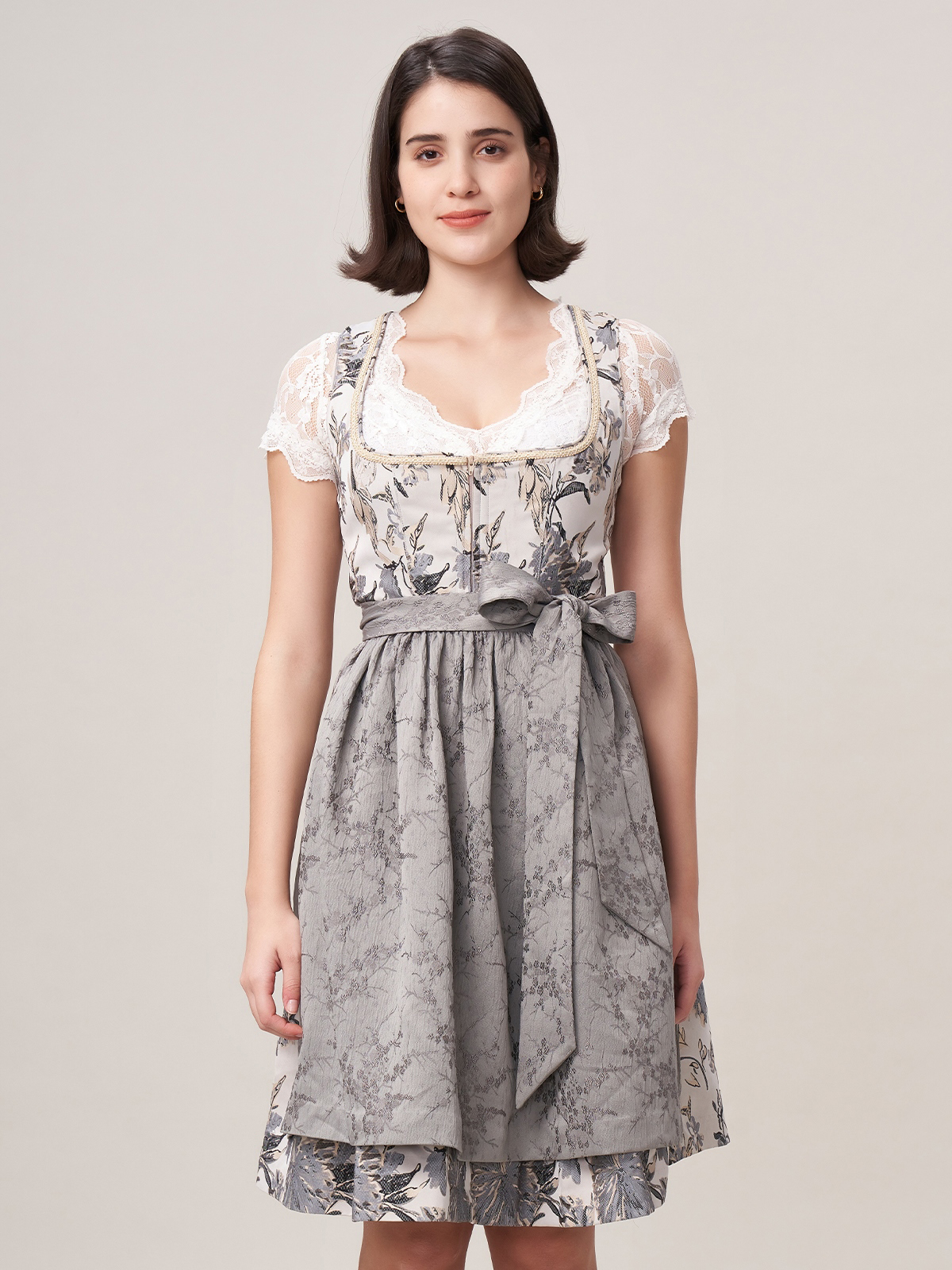 Damen Grau Zwei verdeckte Eingriffstaschen Floralem Muster Dirndl SISTA